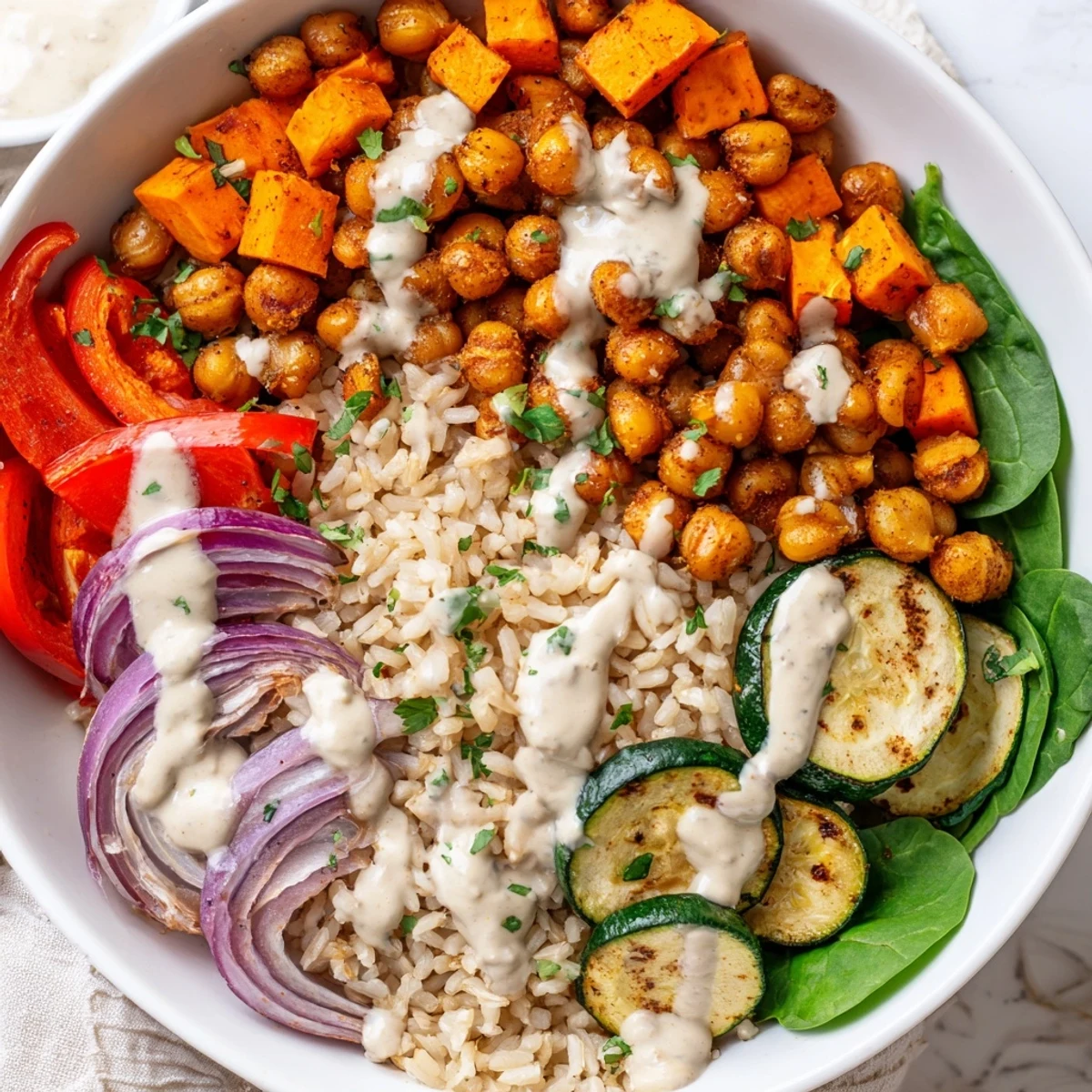 A healthy and appealing Roasted Chickpea Buddha Bowl features fluffy rice beneath vibrant veggies.