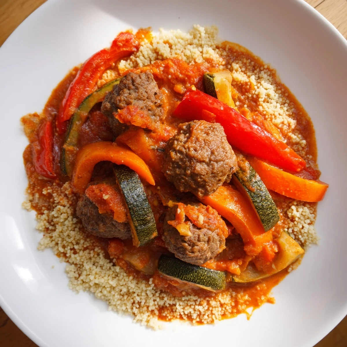 Glistening North African Couscous Kefta features tender meatballs nestled in vibrant vegetable sauce atop fluffy couscous.