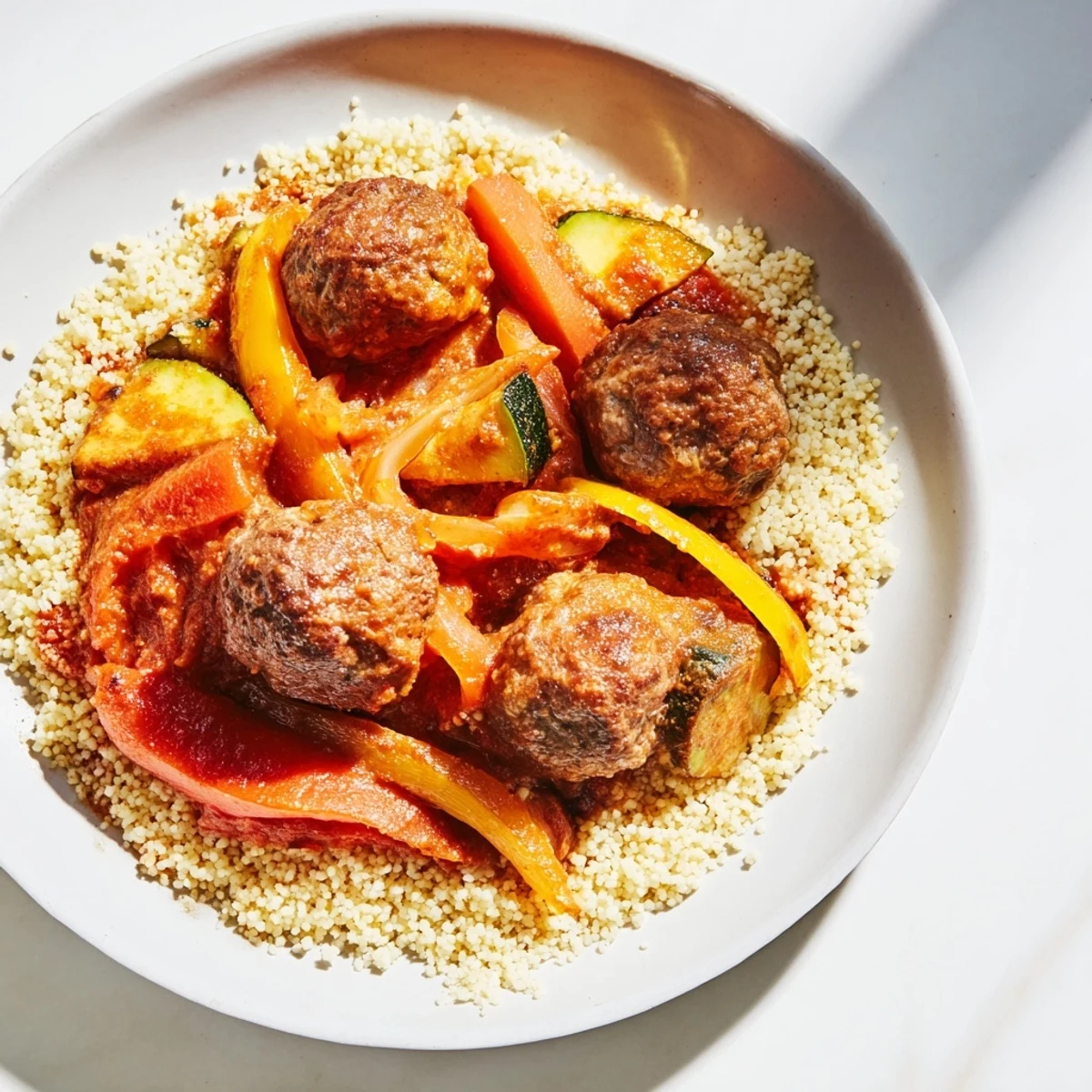 Warm spices and savory aromas enhance this comforting North African Couscous Kefta dish, ready to eat.
