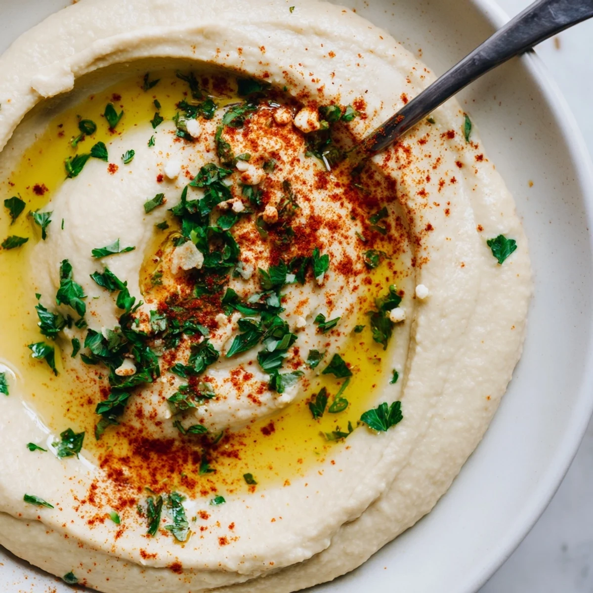 The smooth, silky texture of Levantine hummus, beautifully presented with a swirl, ready to serve and enjoy.