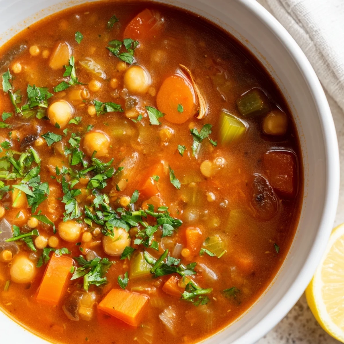 A steaming bowl of North African harira soup, thick with lentils and fragrant spices.