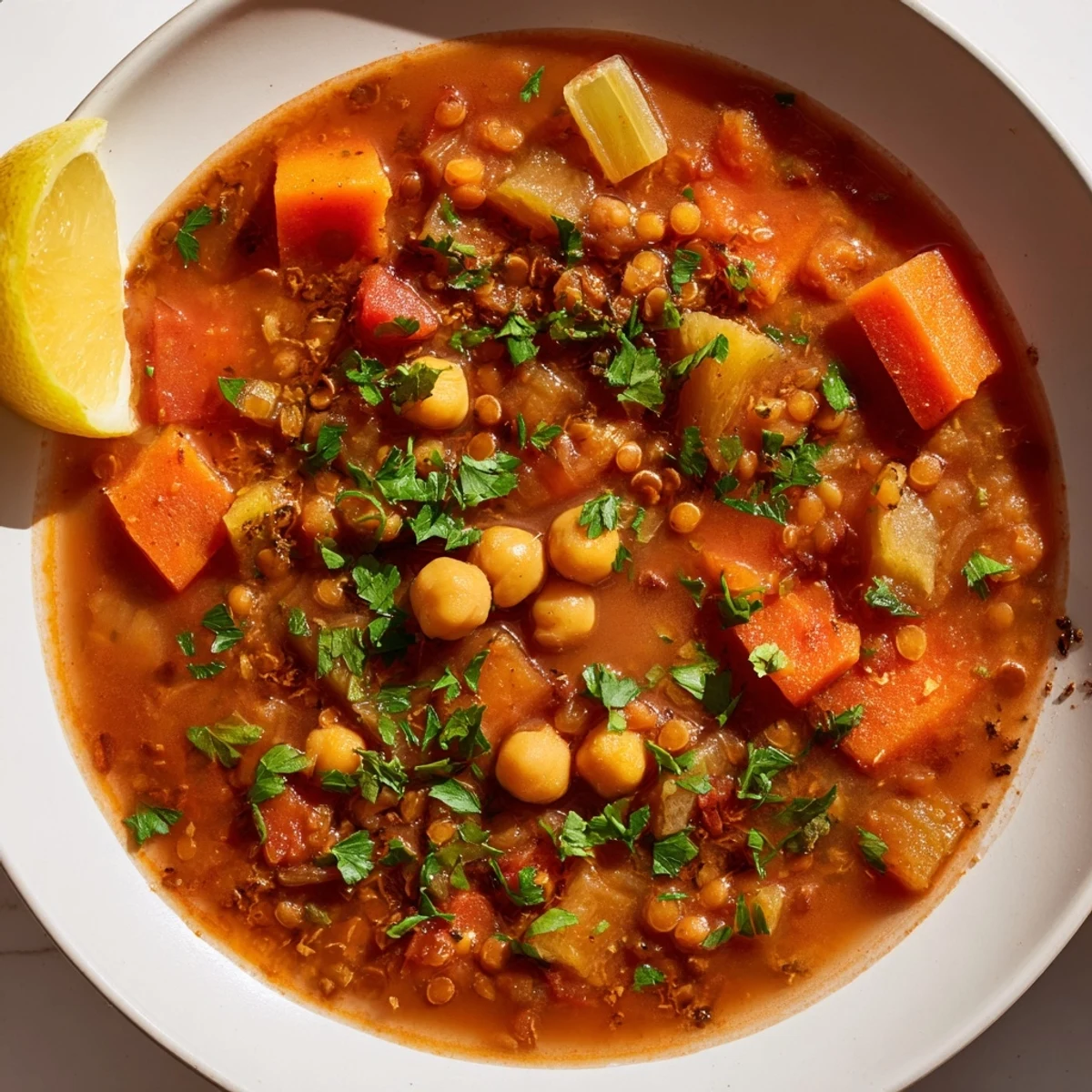 Close-up of hearty North African harira soup, garnished with fresh herbs and lemon wedges.
