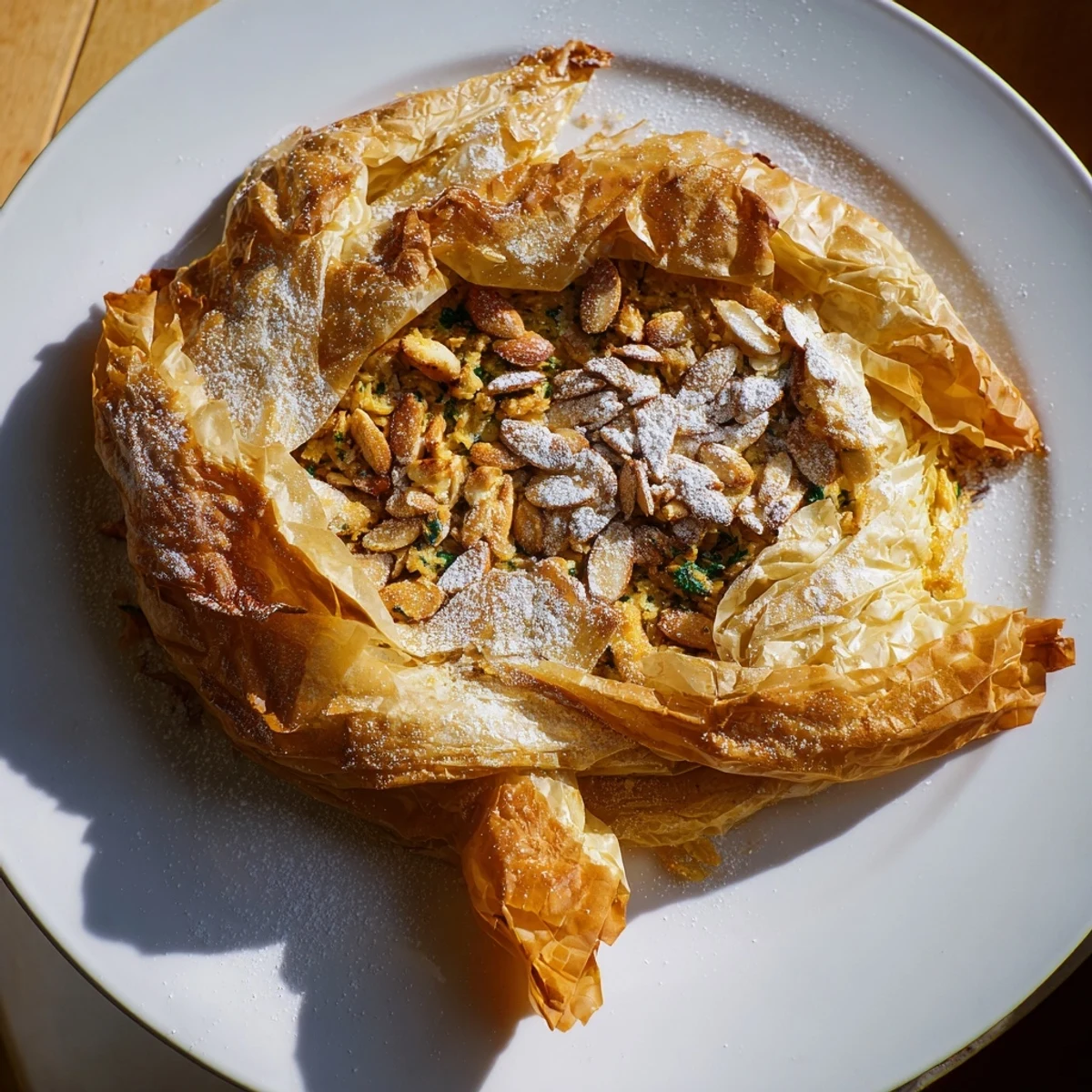 The richly-spiced meat filling of this Moroccan Pastilla Pie is nestled in delicate, buttered phyllo.