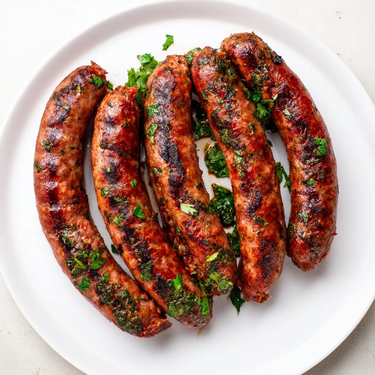 Juicy grilled Tunisian Merguez sausage links, sizzling atop a hot grill, ready to serve and enjoy.