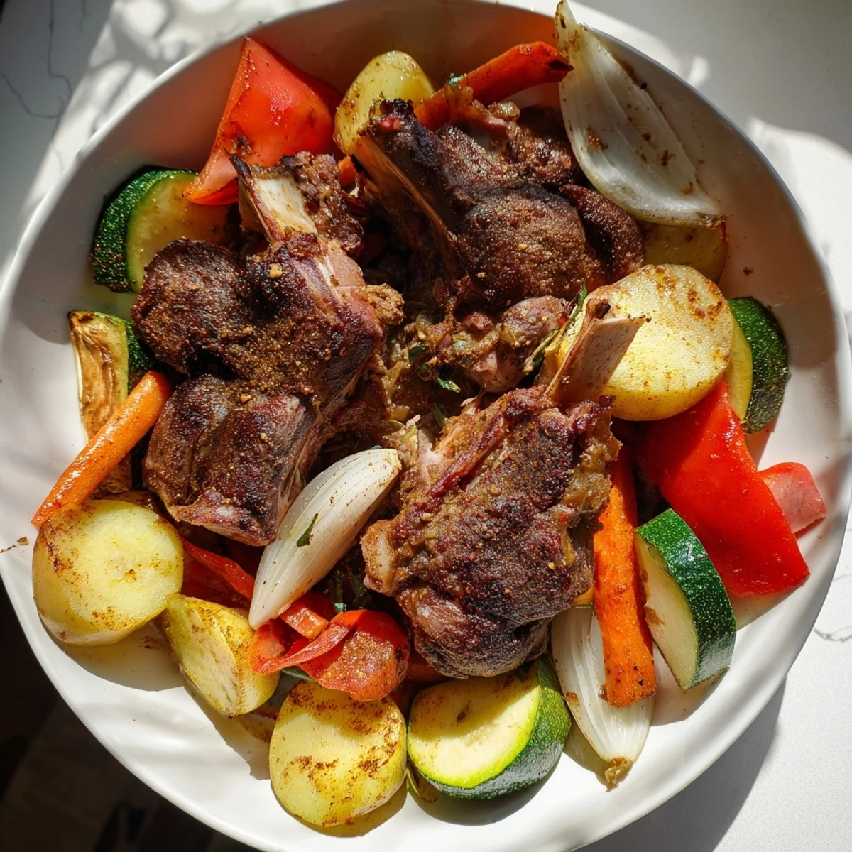 A delicious photo of Jordanian Zarb, showcasing fall-off-the-bone lamb with colorful roasted vegetables.