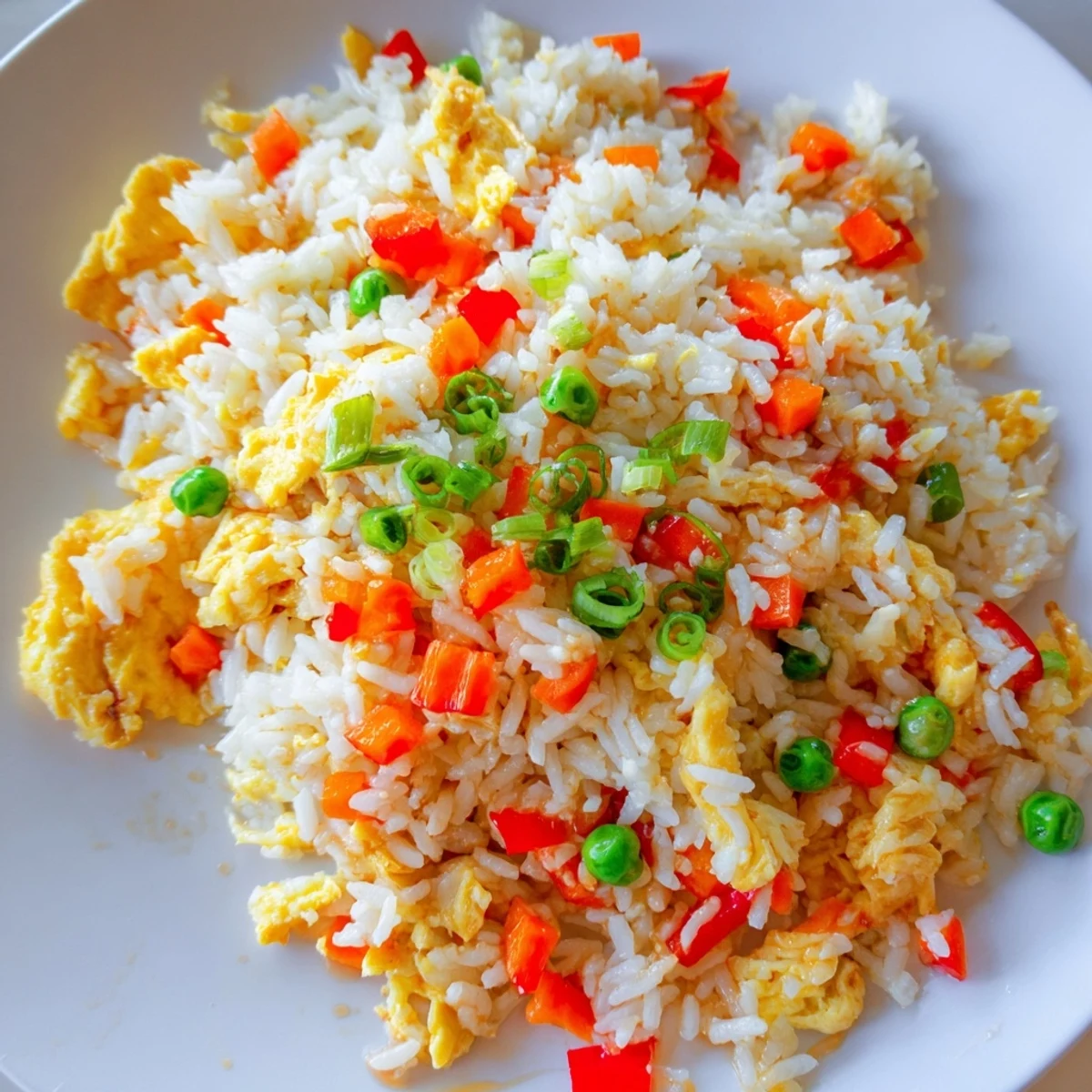A steaming bowl of egg fried rice classic with visible carrots, peas, and green scallions.