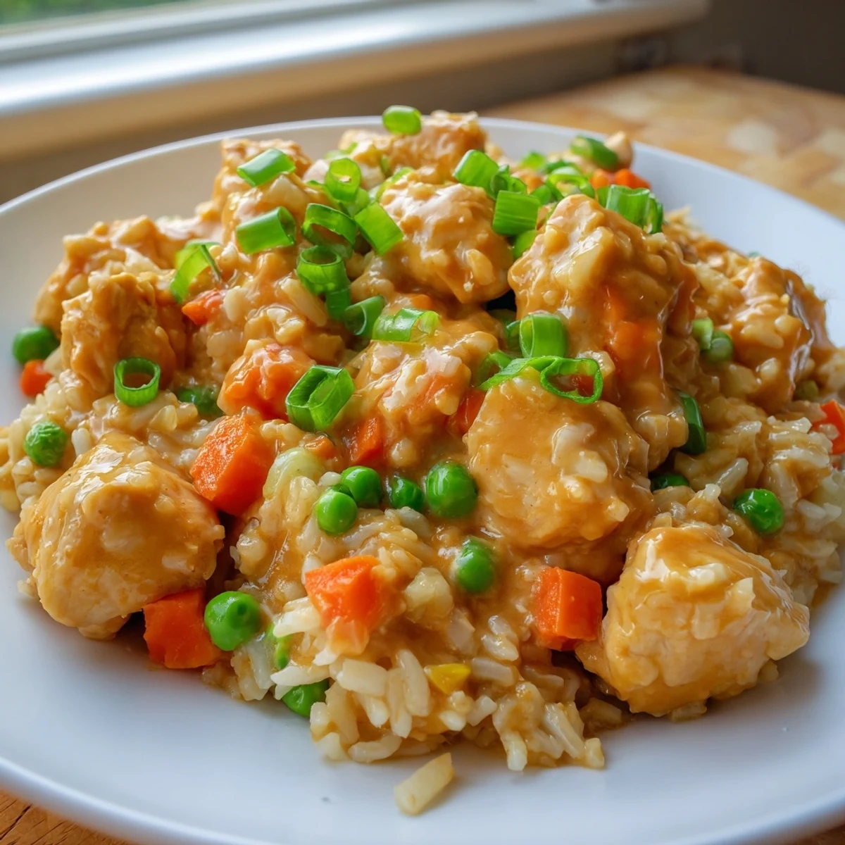 Steaming Butter Chicken Fried Rice, showcasing vibrant veggies and tender chicken in a savory dish.