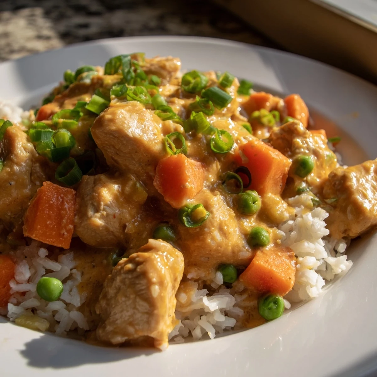 Golden-hued Butter Chicken Fried Rice with fluffy rice and rich, creamy sauce, ready to serve and enjoy.