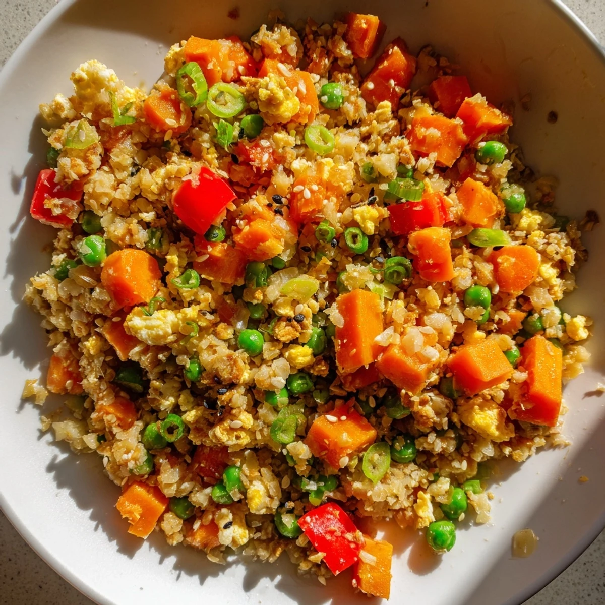 Steaming-hot Cauliflower Fried Rice with fluffy scrambled eggs and aromatic ginger, a healthy dinner option.