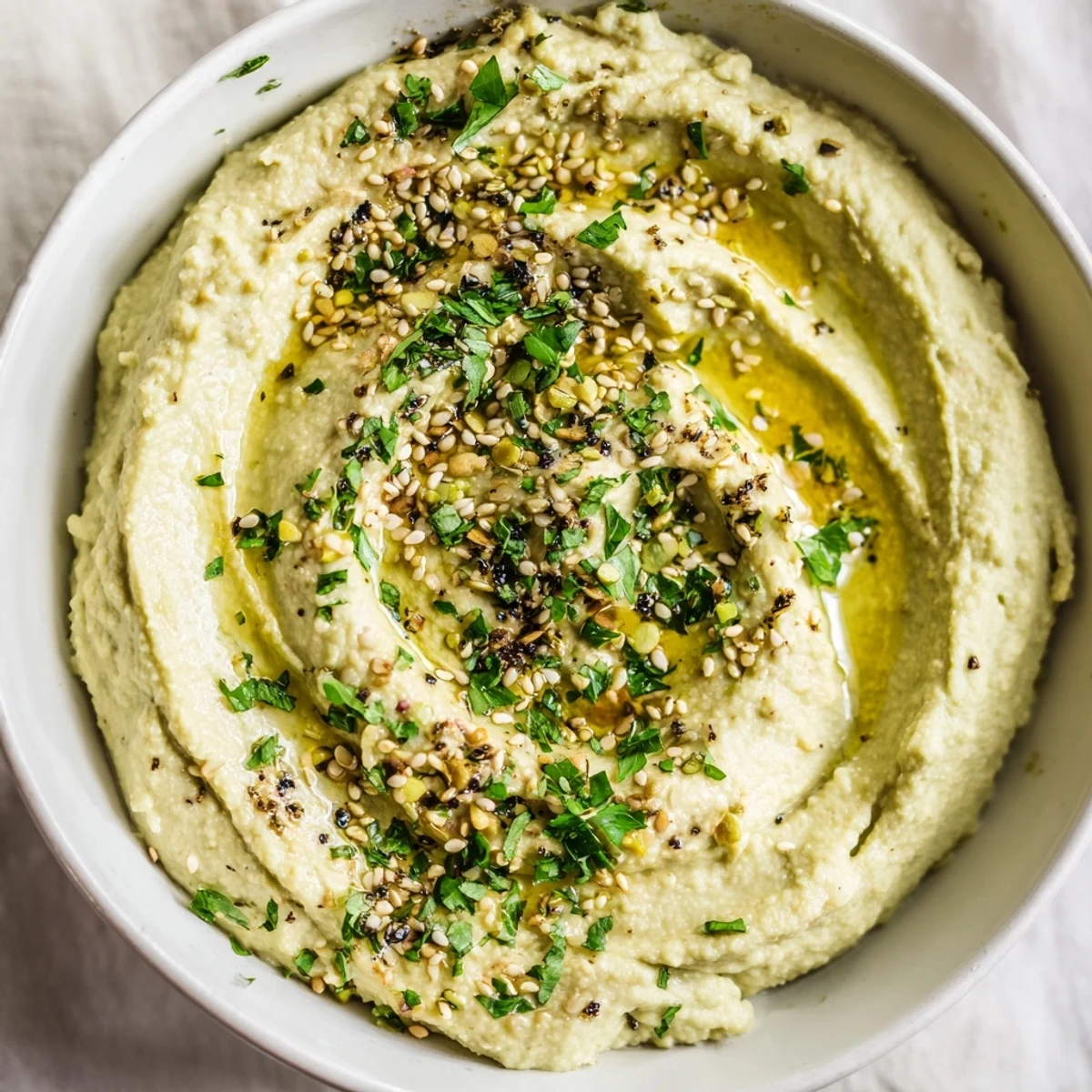 Creamy, vibrant Edamame Hummus swirled with olive oil, ready to be scooped up with pita chips.
