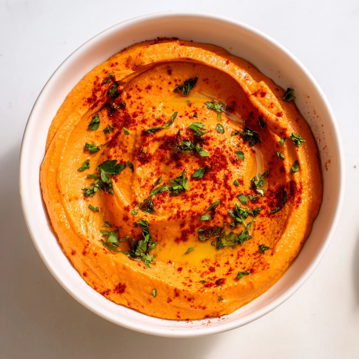 Vibrant Roasted Red Pepper Hummus, creamy and smoky, served with warm pita bread for dipping.