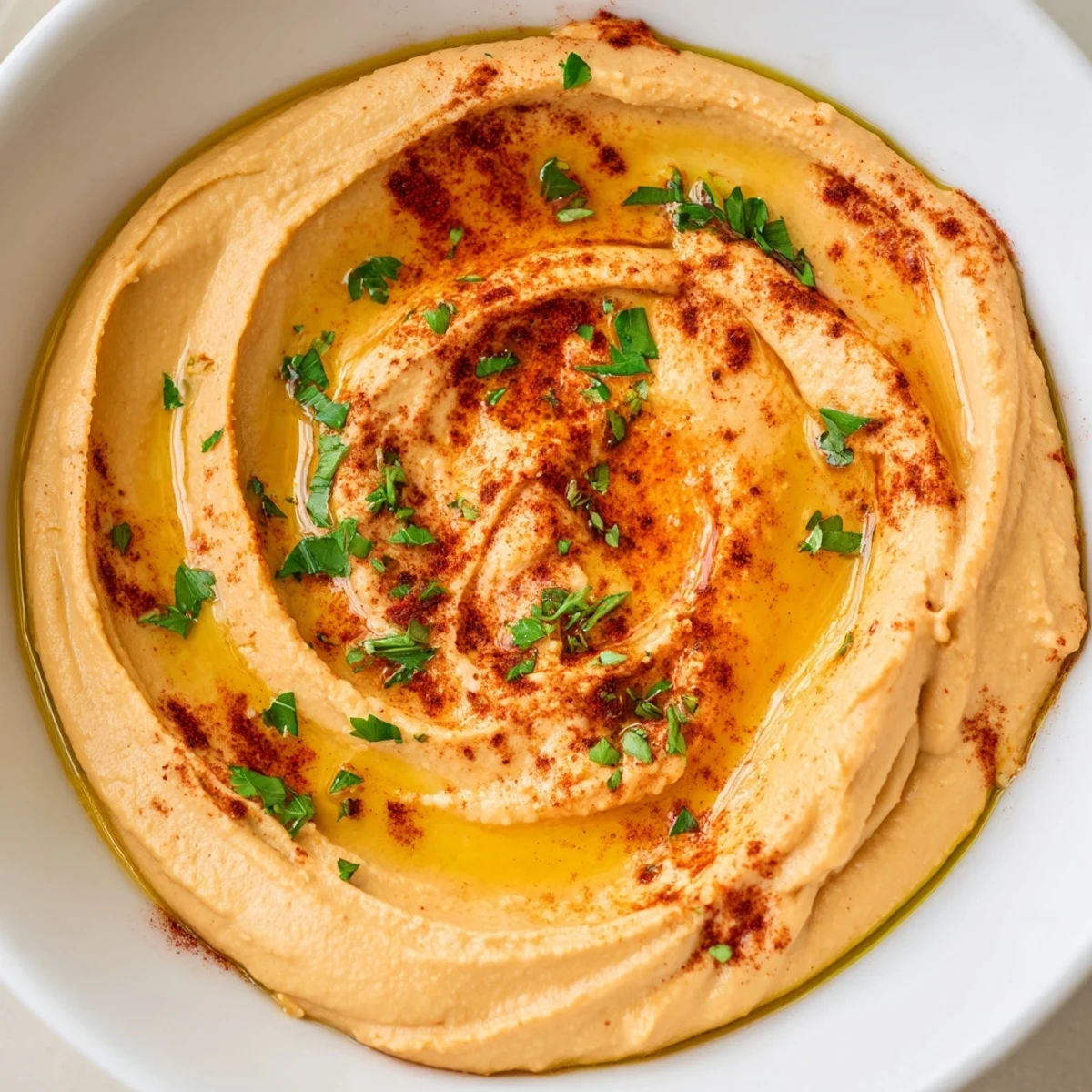 Homemade Roasted Red Pepper Hummus, a smooth, flavorful dip, garnished with olive oil and paprika sprinkles.