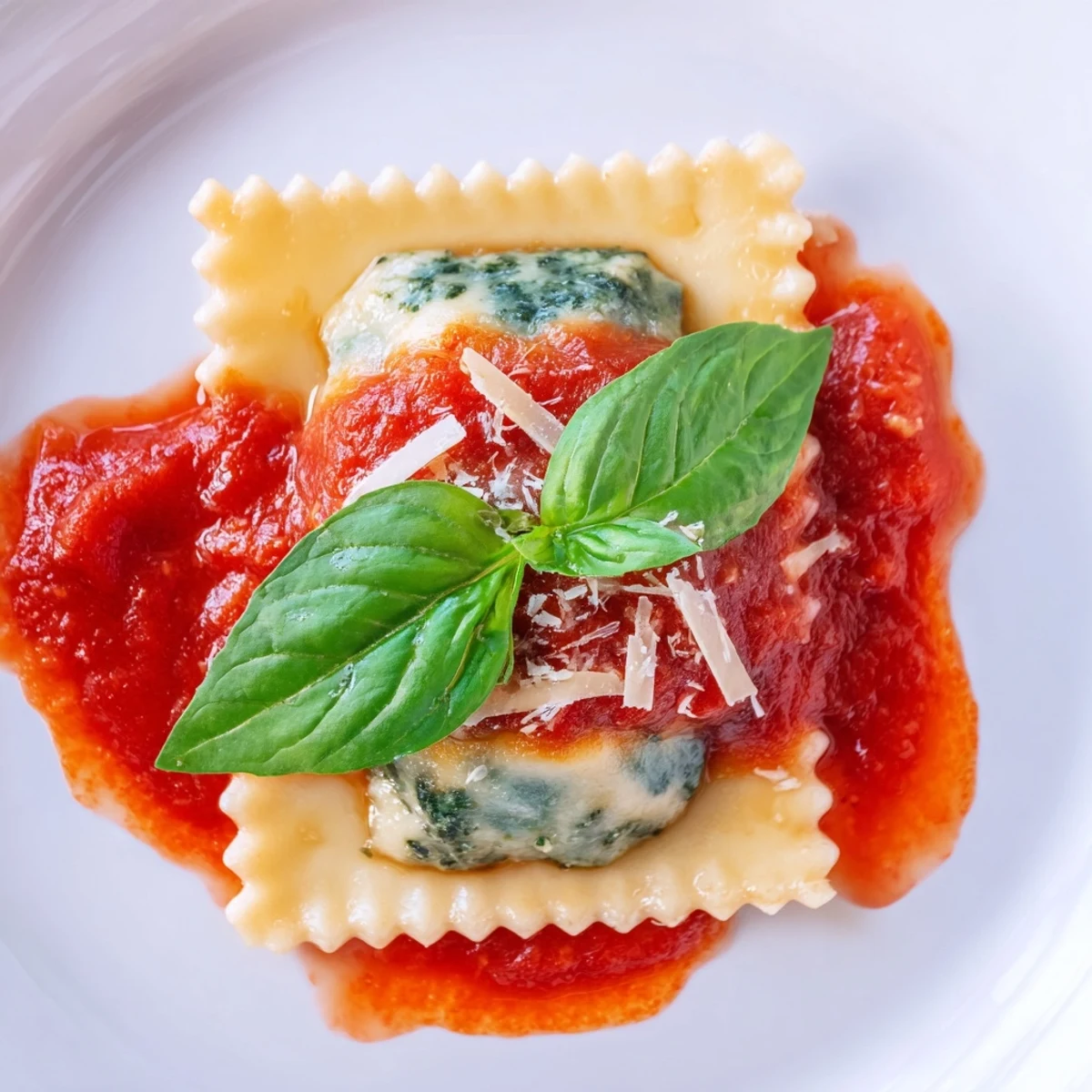 Homemade Spinach Ricotta Ravioli in a rich, chunky marinara sauce, garnished with fresh basil and grated Parmesan.