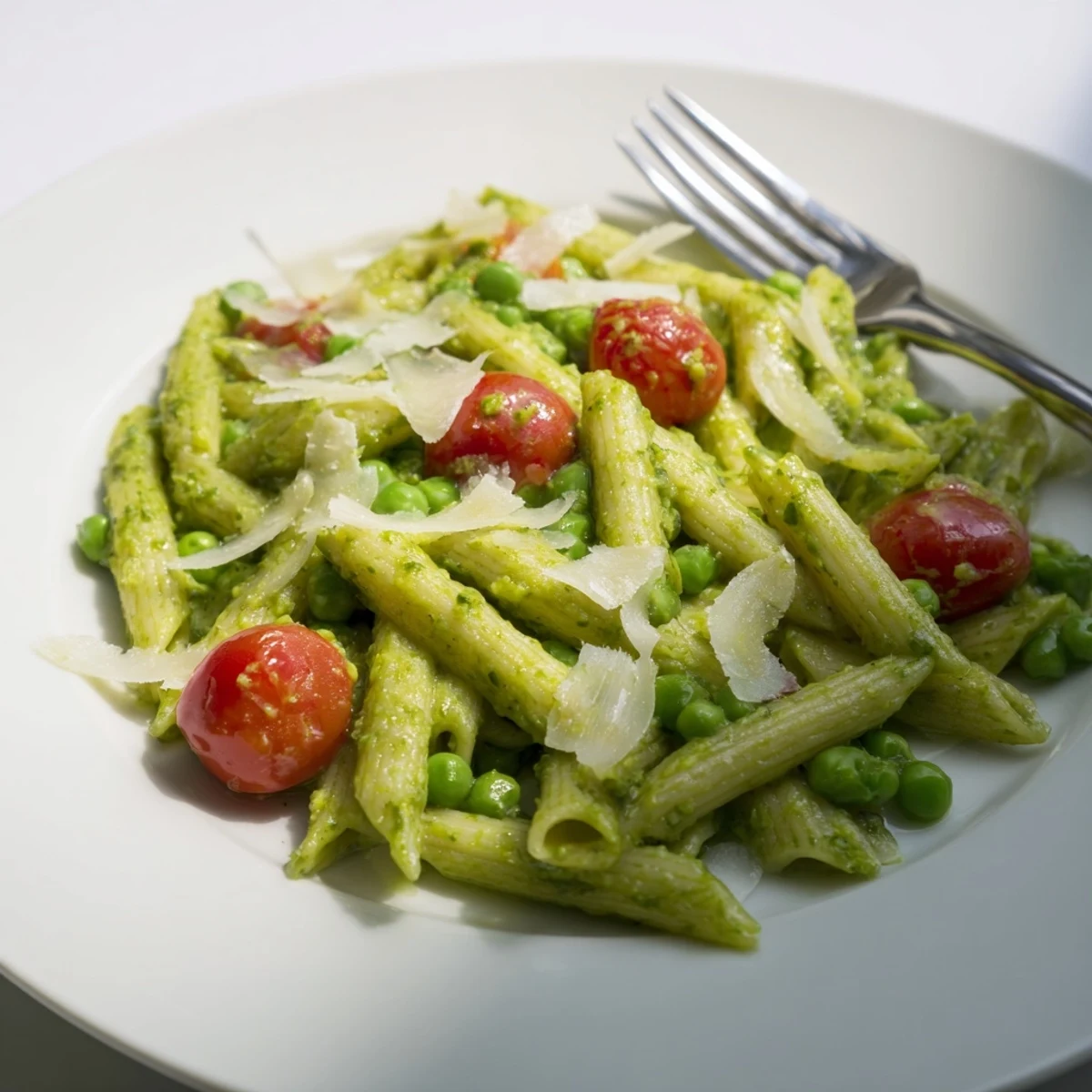 A vibrant bowl of Green Pesto Pasta Salad with halved cherry tomatoes and sweet green peas.  