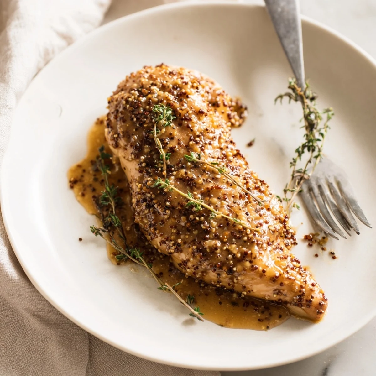 Tender chicken breasts simmer in a glossy honey Dijon sauce with fresh thyme and rosemary, served alongside fluffy mashed potatoes.  
