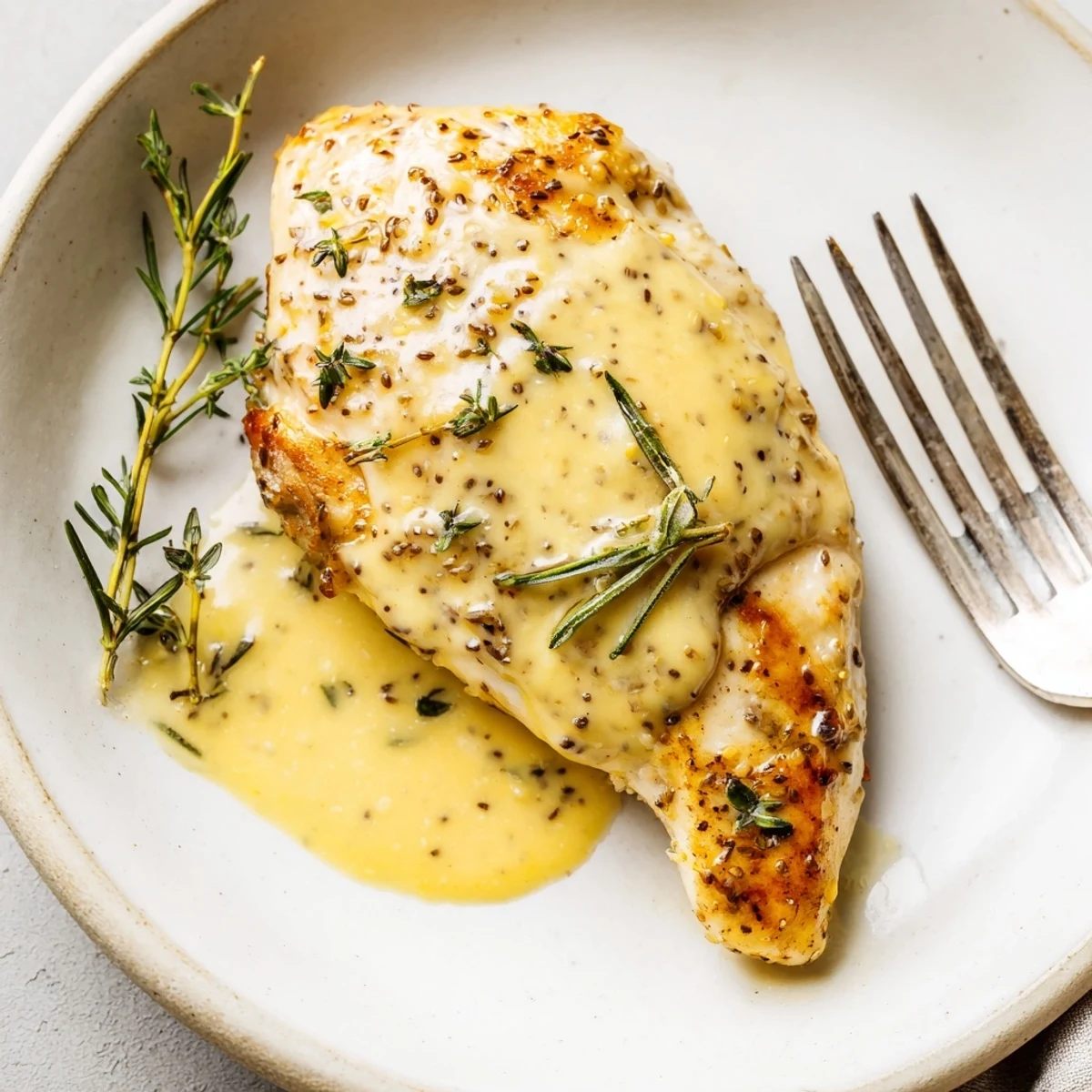 A skillet of golden Honey Dijon Chicken with a thick, tangy-sweet sauce, garnished with fresh parsley for a quick weeknight dinner.  