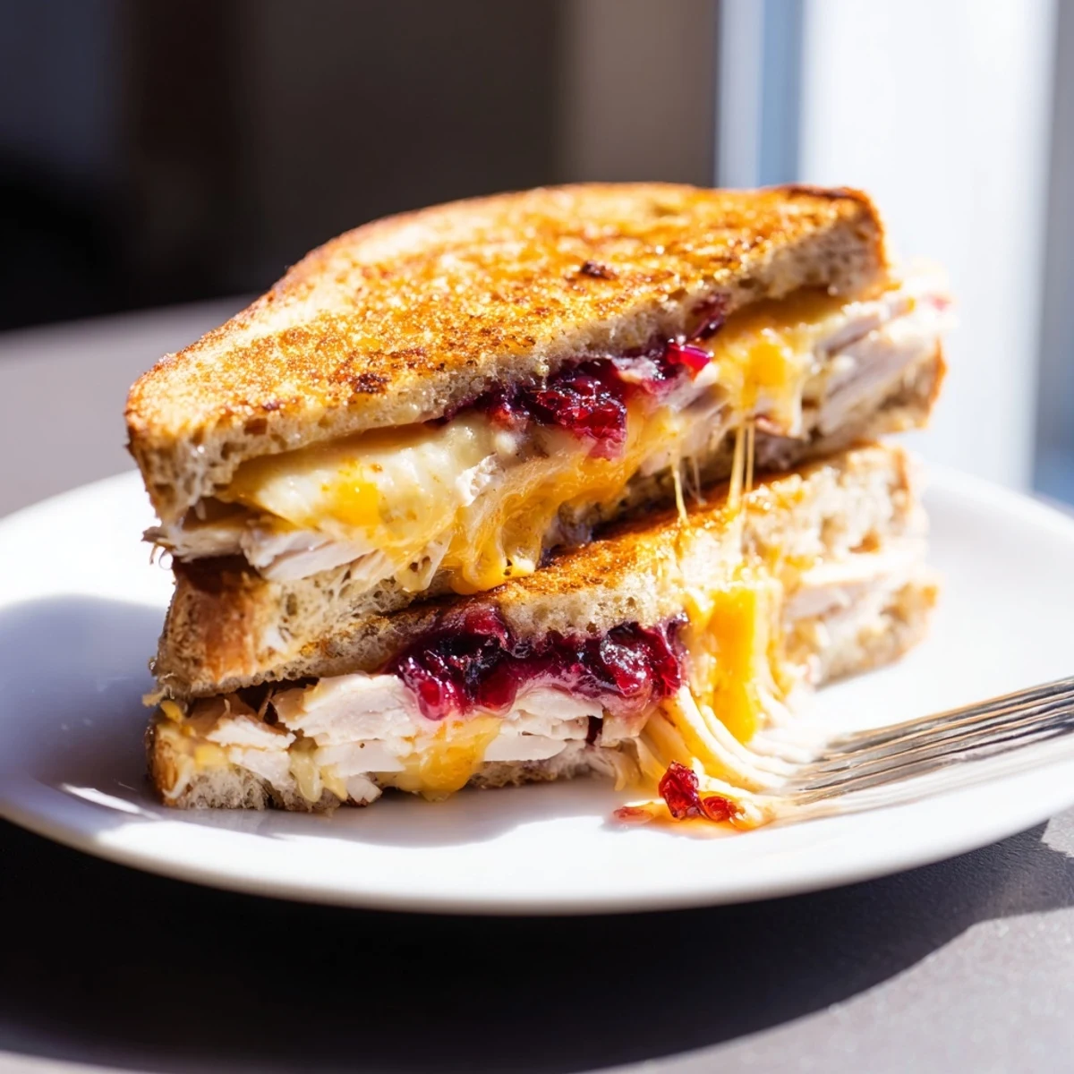 Golden toasted sourdough slices sandwiching layers of smoked turkey, sharp cheddar, and tangy cranberry spread.