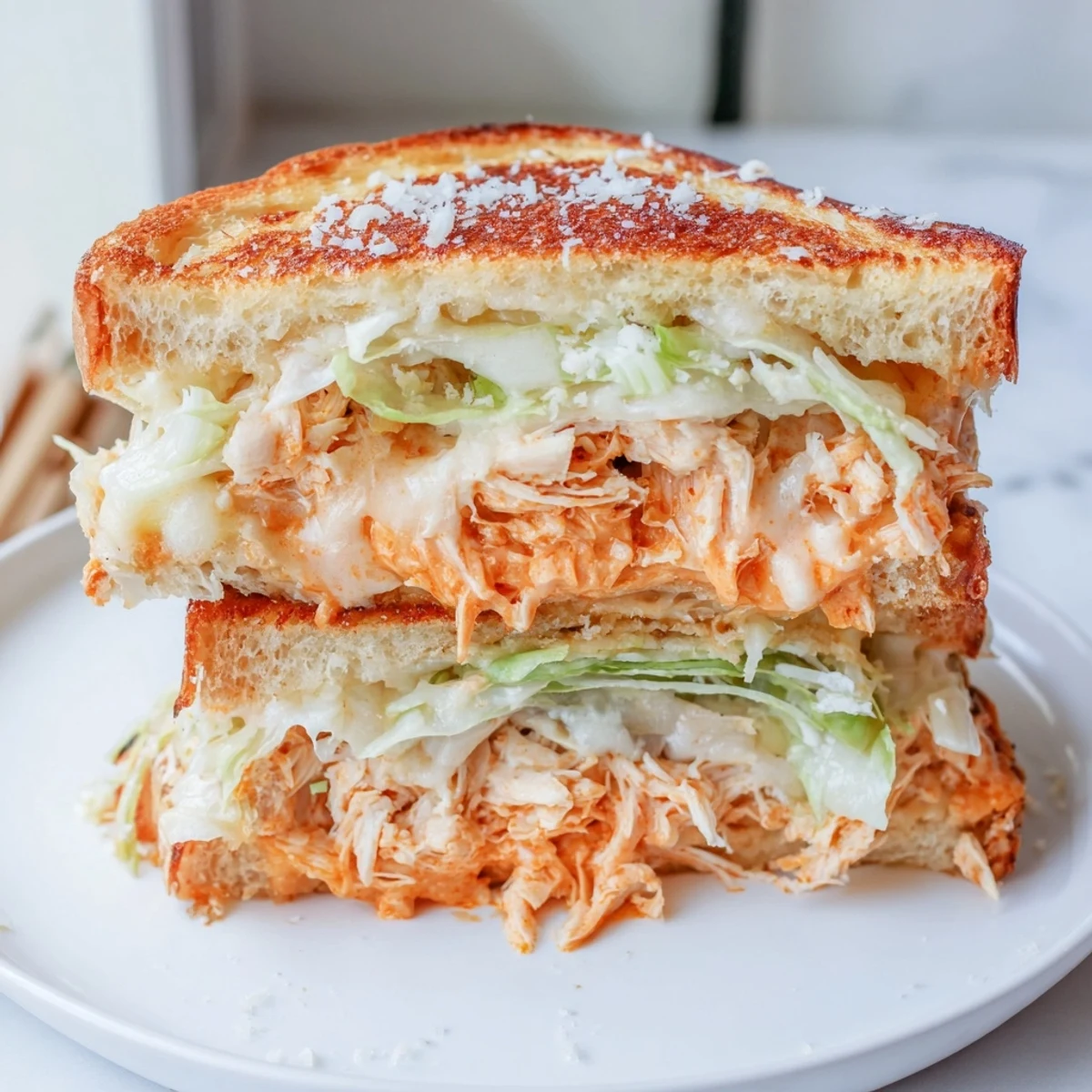 A close-up view of a Buffalo Chicken Caesar Grilled Cheese, showing golden crust, melted cheese, and spicy buffalo chicken filling.