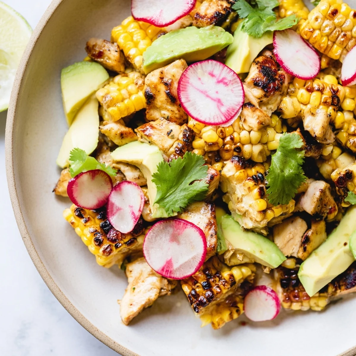 A vibrant Roasted Corn & Chicken Chopped Salad with charred corn, grilled chicken, and fresh avocado on a platter.  