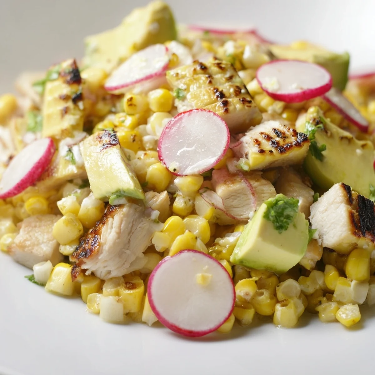 Serving suggestion for Roasted Corn & Chicken Chopped Salad with juicy grilled chicken and smoky roasted corn.