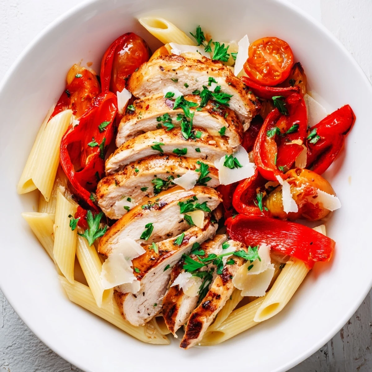 Serve Garlic Herb Chicken & Veg Pasta garnished with fresh parsley and grated Parmesan, a perfect weeknight Italian-inspired family dinner.