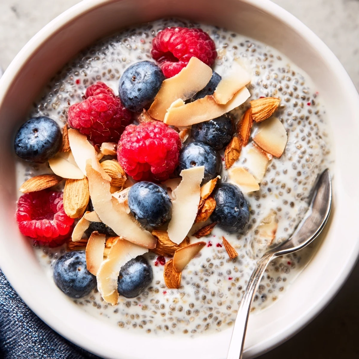 Creamy poppy seed chia pudding in a glass jar, topped with fresh blueberries and toasted almonds for a nourishing breakfast.  