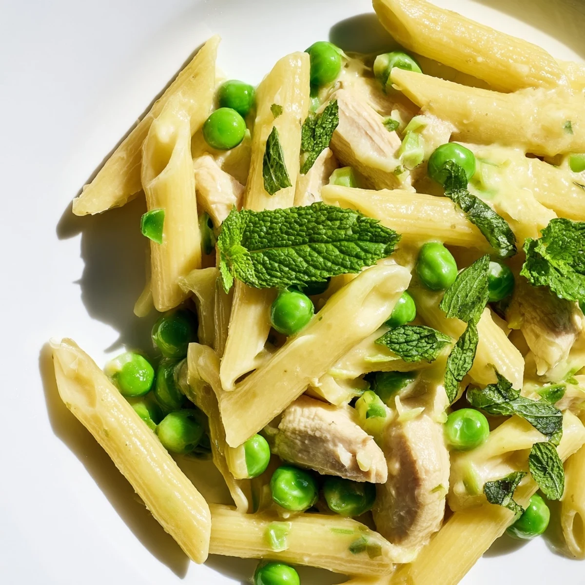Savory strips of golden chicken breast and al dente penne are coated in a bright, buttery lemon sauce with pops of green peas.