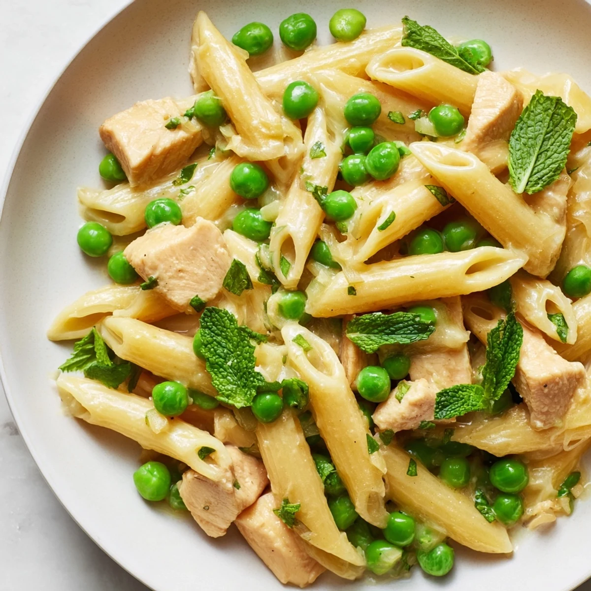 Spring-inspired Pea & Mint Chicken Pasta served steaming in a shallow bowl, garnished with chopped mint and freshly grated Parmesan.