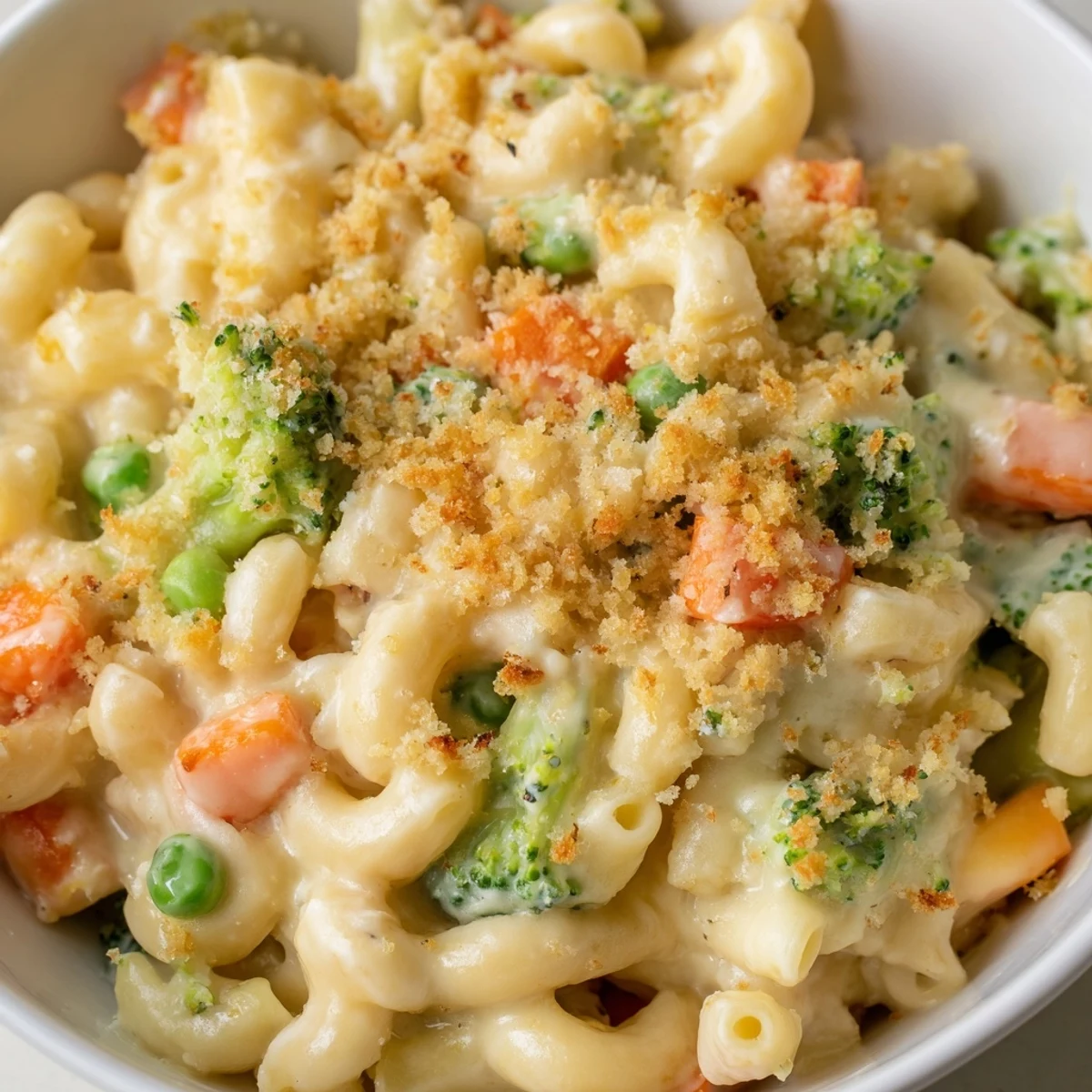 Baked Garden Veg Mac and Cheese with golden panko topping, peas, broccoli, and carrots in a casserole dish.