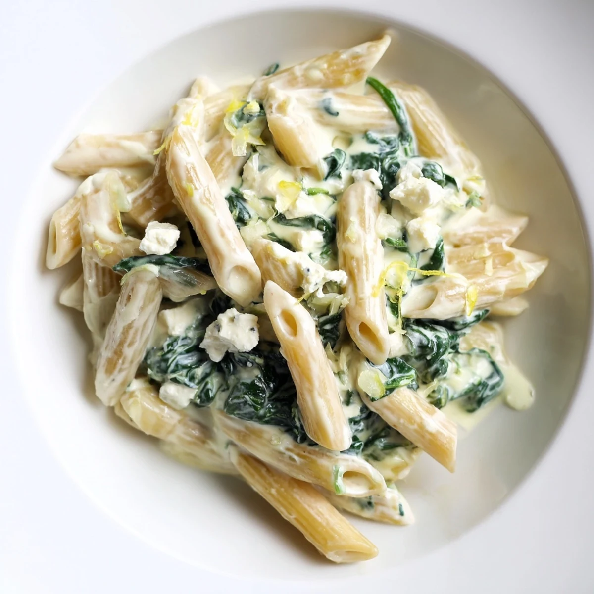 Creamy Feta Spinach Pasta in a white bowl, garnished with lemon zest and fresh basil leaves.