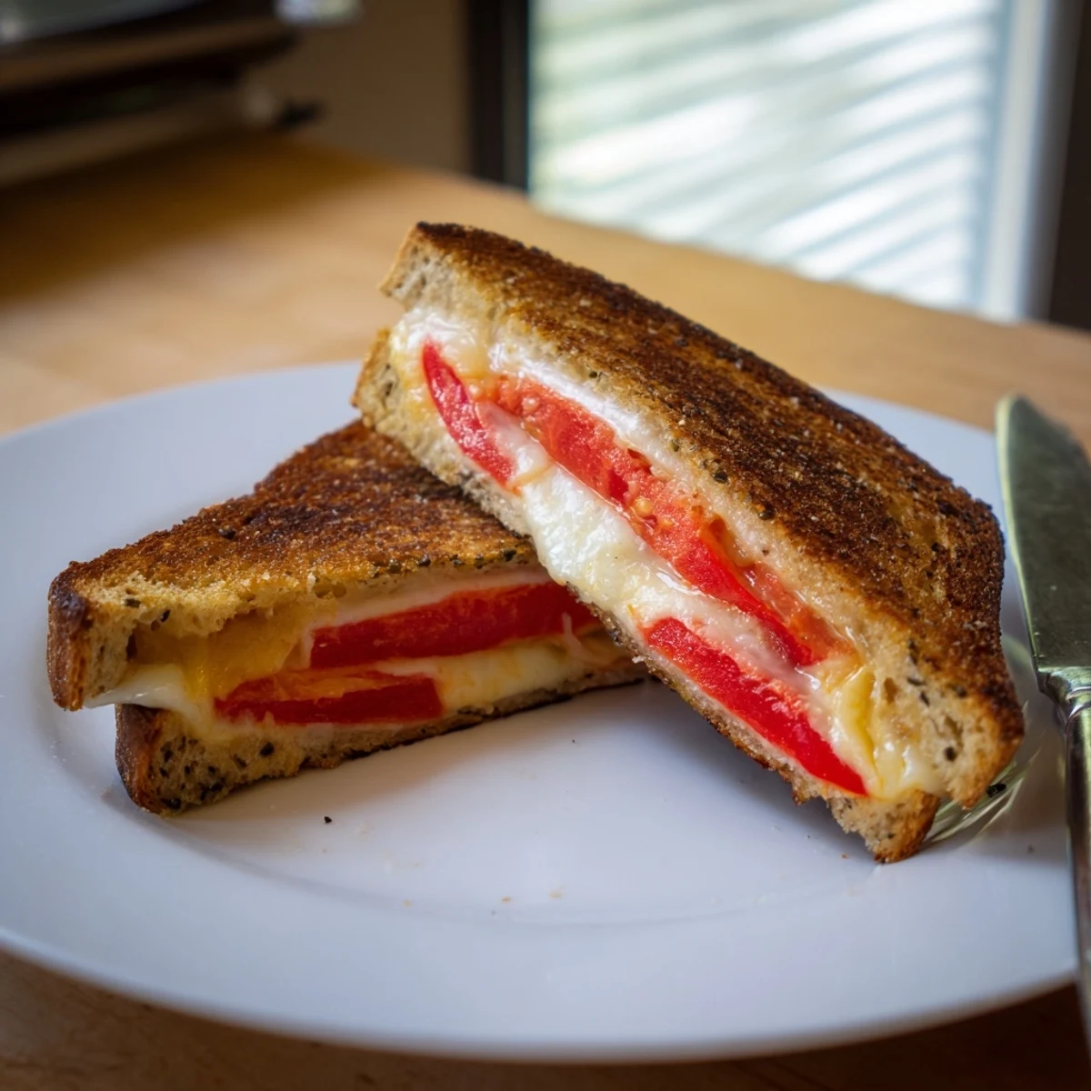 Grilled Pepper Jack & Tomato Grilled Cheese sandwich with melted cheese and fresh tomato slices on a plate.