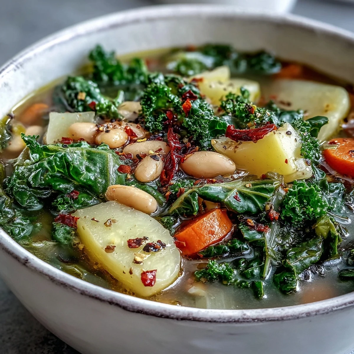Hearty kale soup with colorful vegetables, perfect for a satisfying winter lunch.