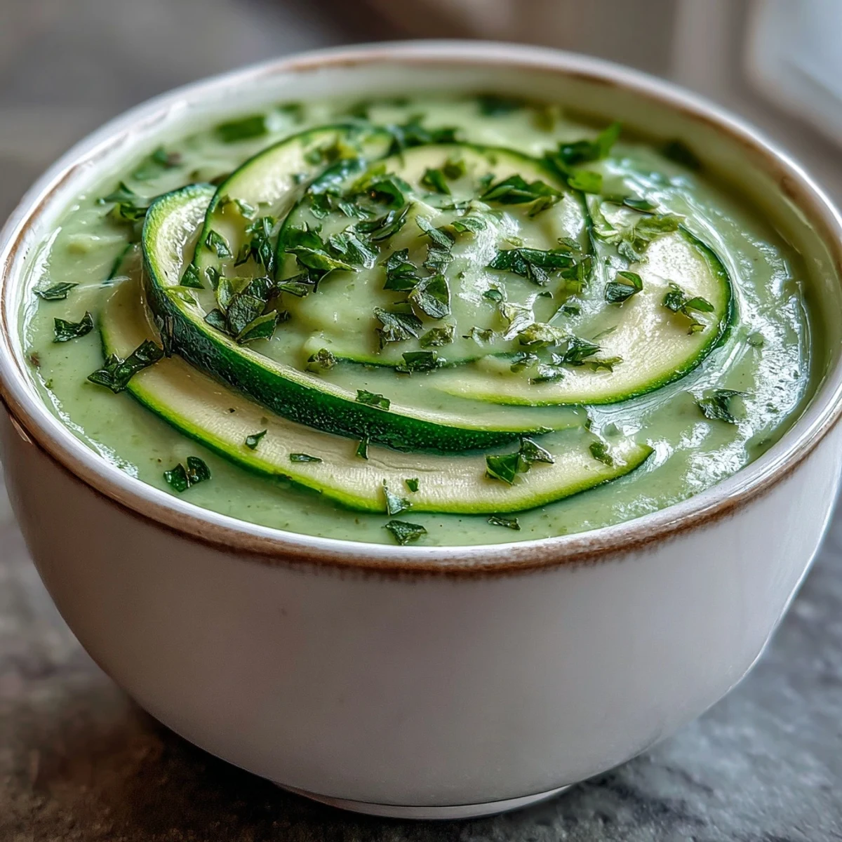 Silky smooth Zucchini Soup, garnished with fresh herbs and a bright lemon zest.