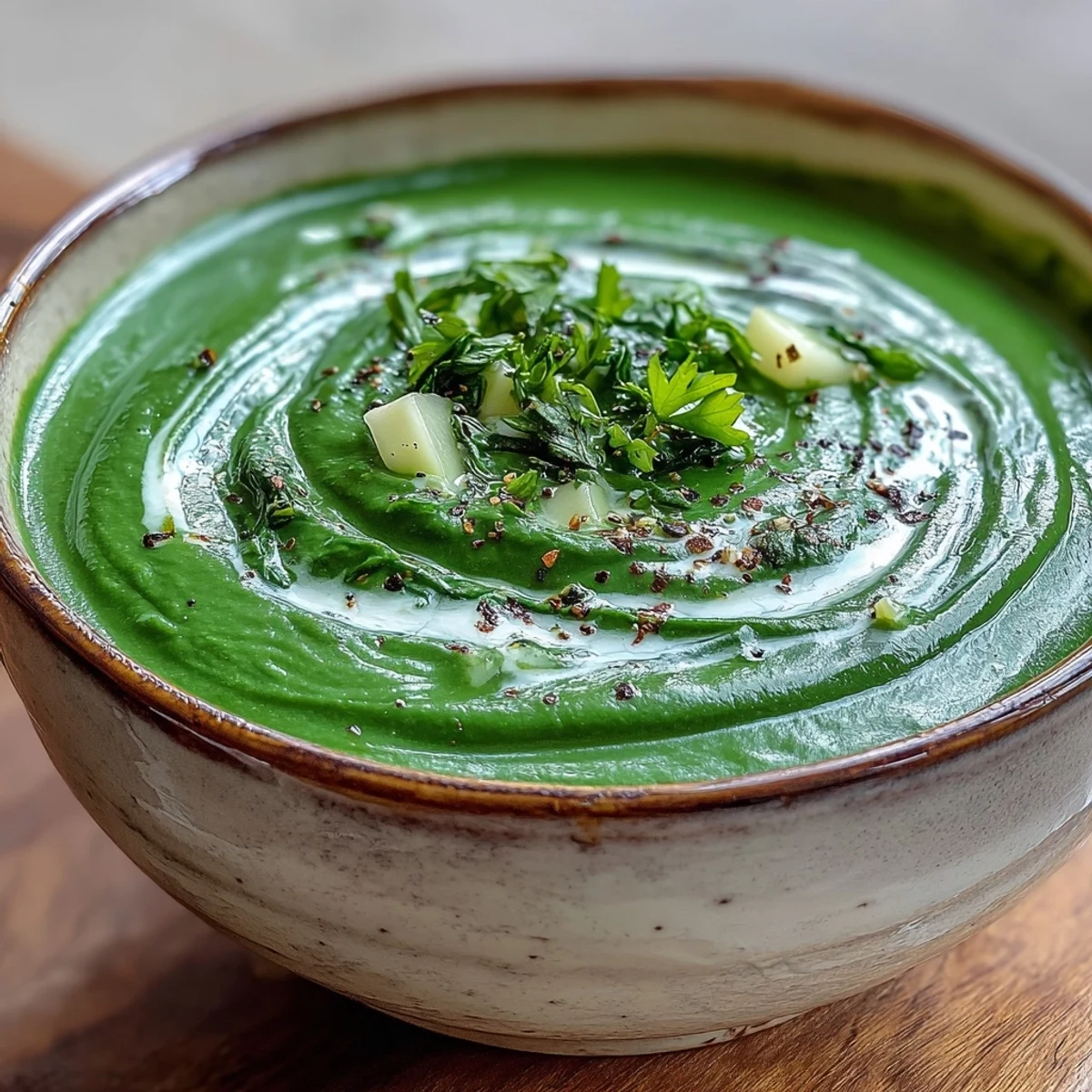 Creamy spinach soup, vibrant and smooth, garnished with fresh pepper.