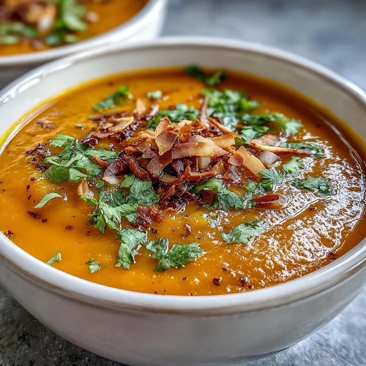 Hearty Carrot and Coconut Soup, warmly spiced, perfect for a cozy meal.