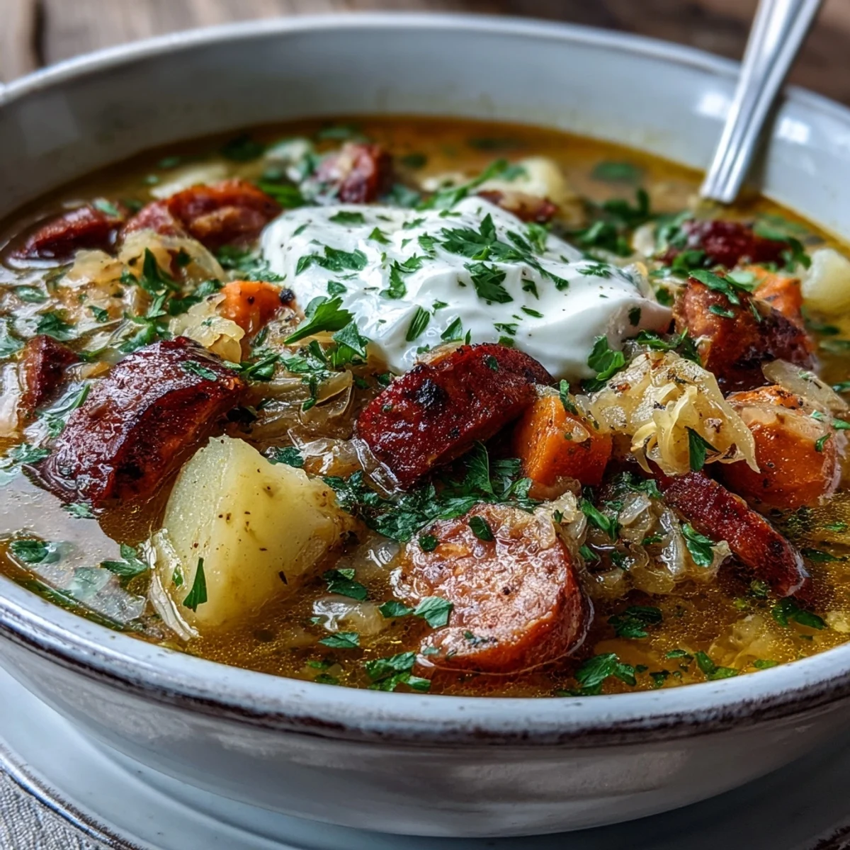 Tangy, probiotic-rich Sauerkraut Soup served steaming hot with a dollop.