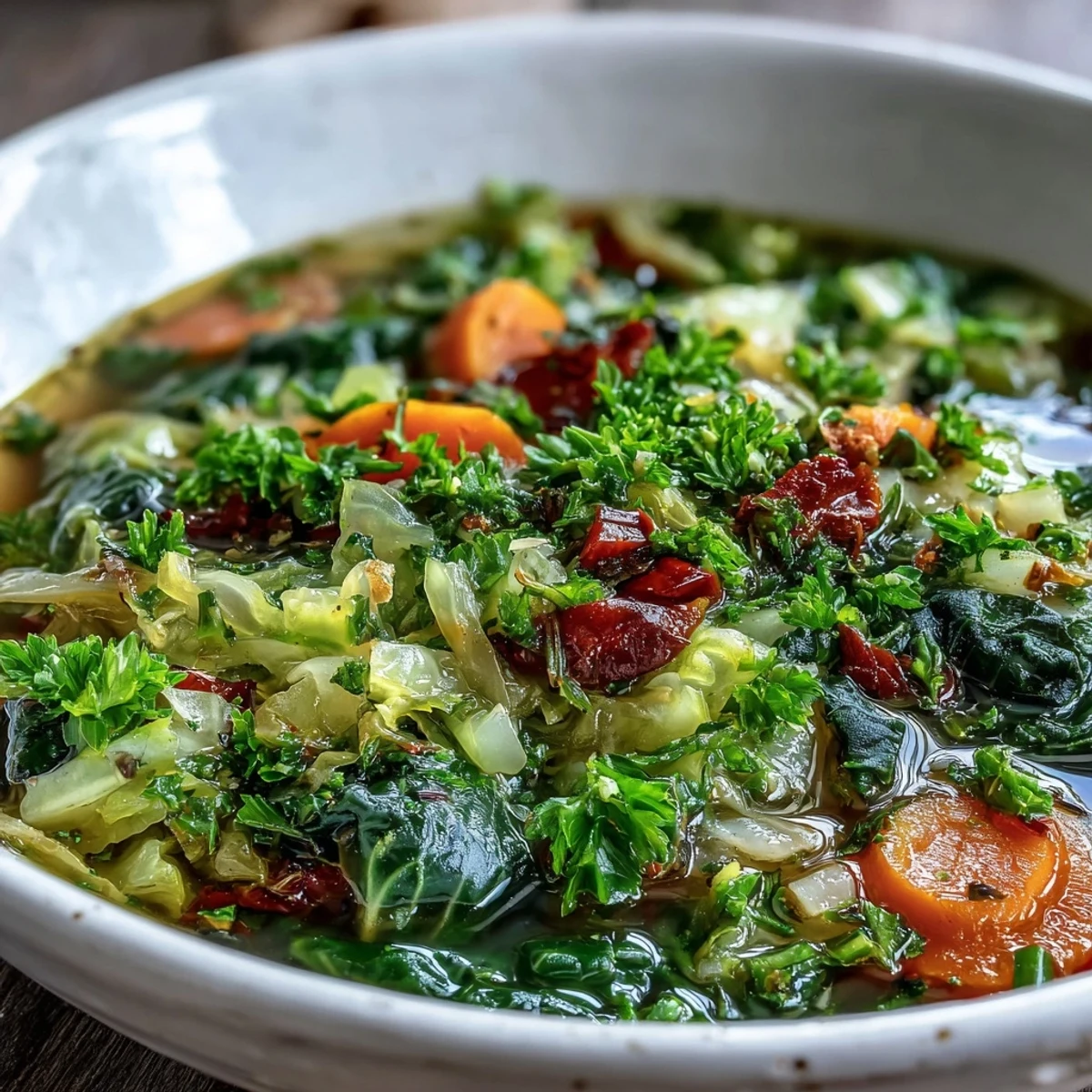 Hearty, steaming bowl of {{Cabbage Soup}} with fresh parsley garnish.