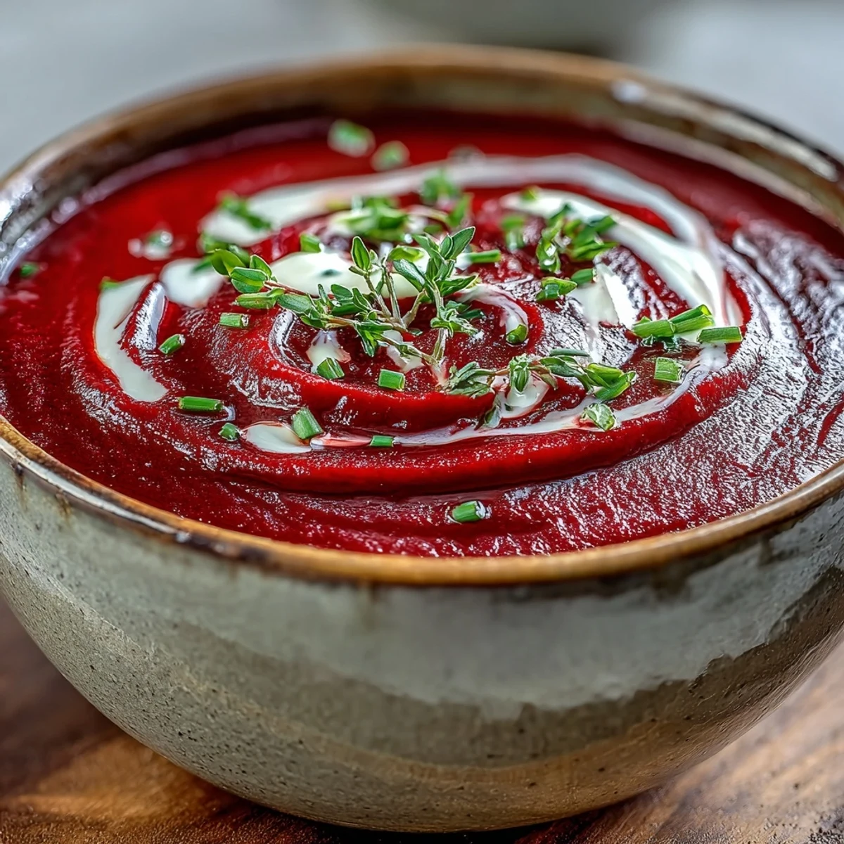 Deep purple roasted beet soup, glistening with cream, an elegant appetizer.