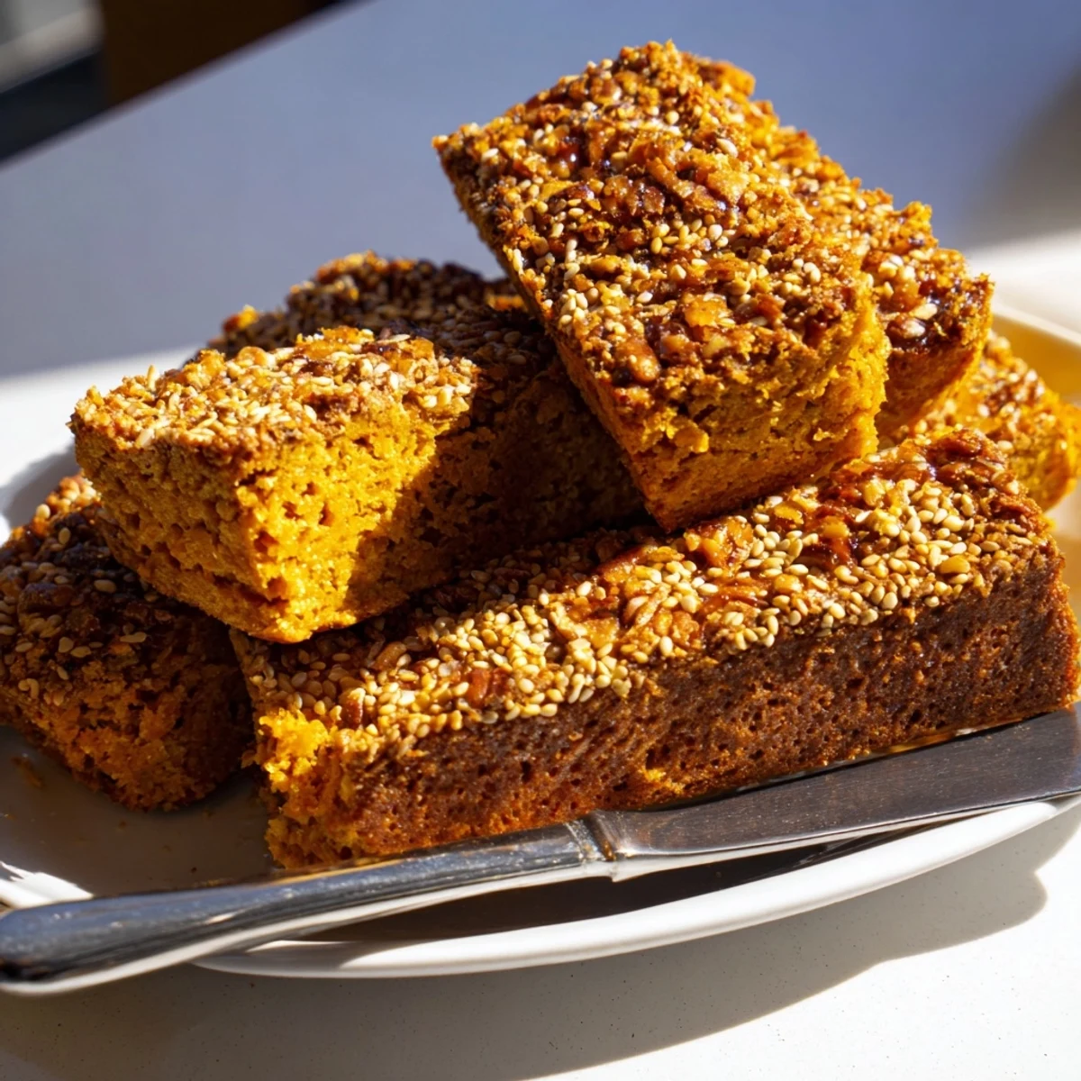 Crisp Sesame Pumpkin Muffin Biscotti served with steaming coffee for cozy autumn mornings.  