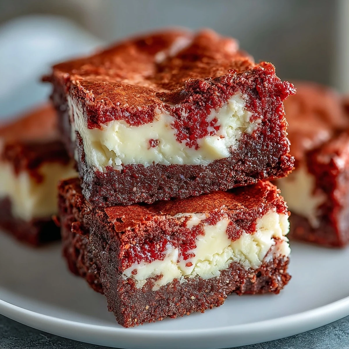Fudgy red velvet cheesecake brownies cut into squares, with a dollop of cream cheese frosting and chocolate shavings.