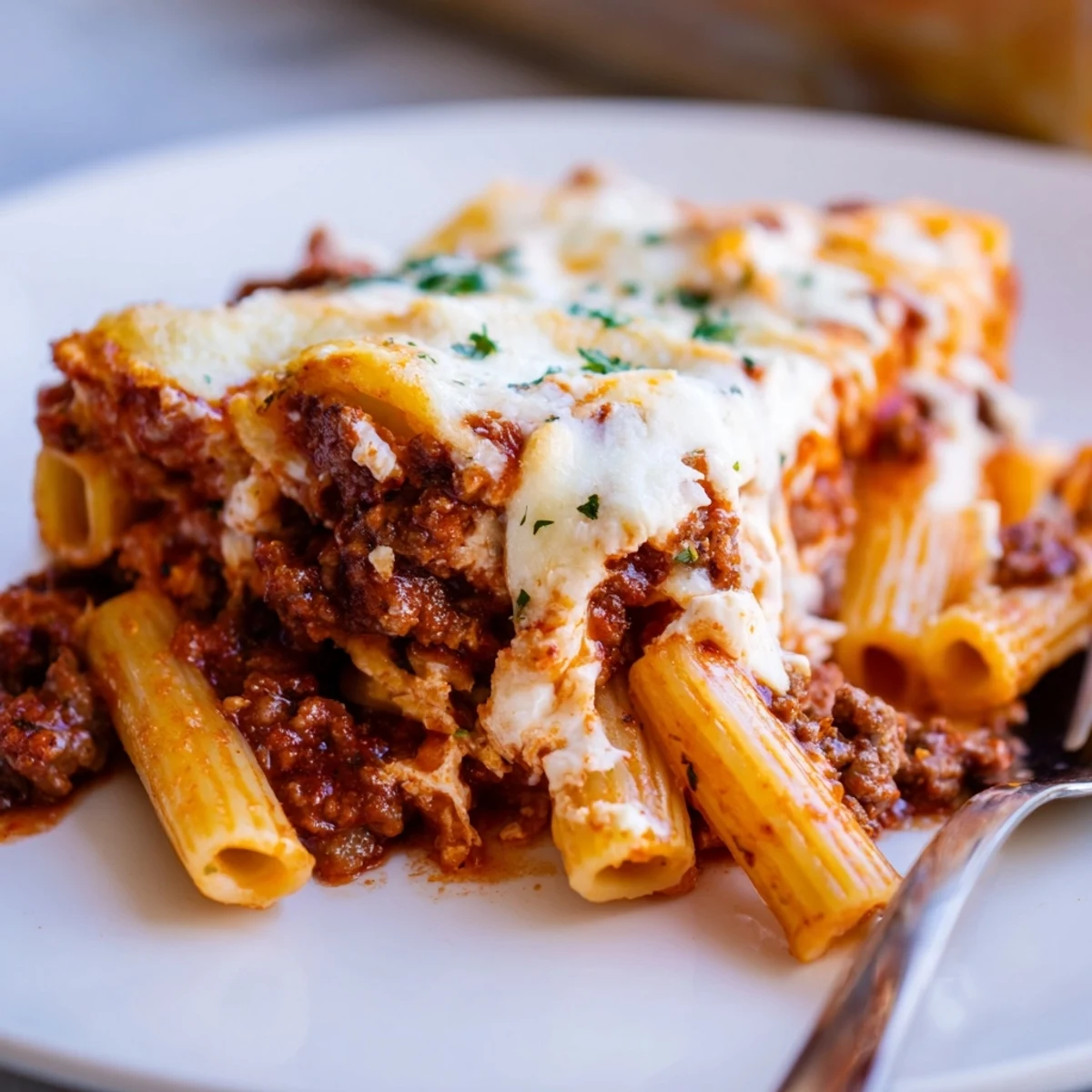 Golden, bubbly Baked Ziti with Meat Sauce, a hearty Italian-American comfort food dish.