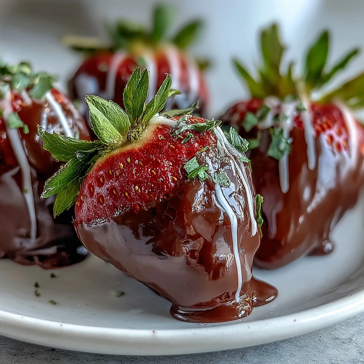 Fresh, ripe strawberries dipped in glossy chocolate with a white chocolate drizzle on a marble surface. Chocolate-Covered Strawberries.