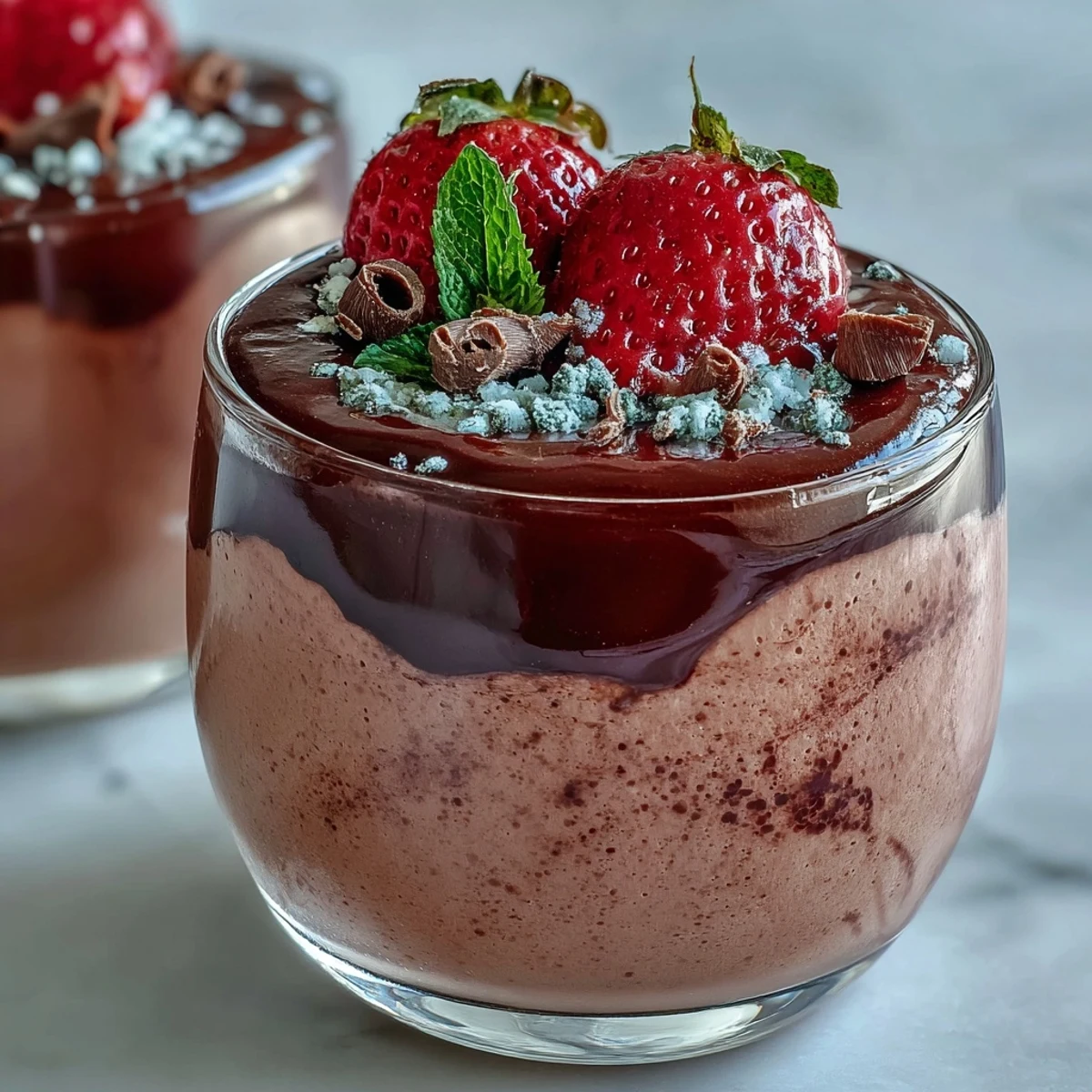 Decadent chocolate-covered strawberry mousse layered in a glass, garnished with fresh strawberries and chocolate.