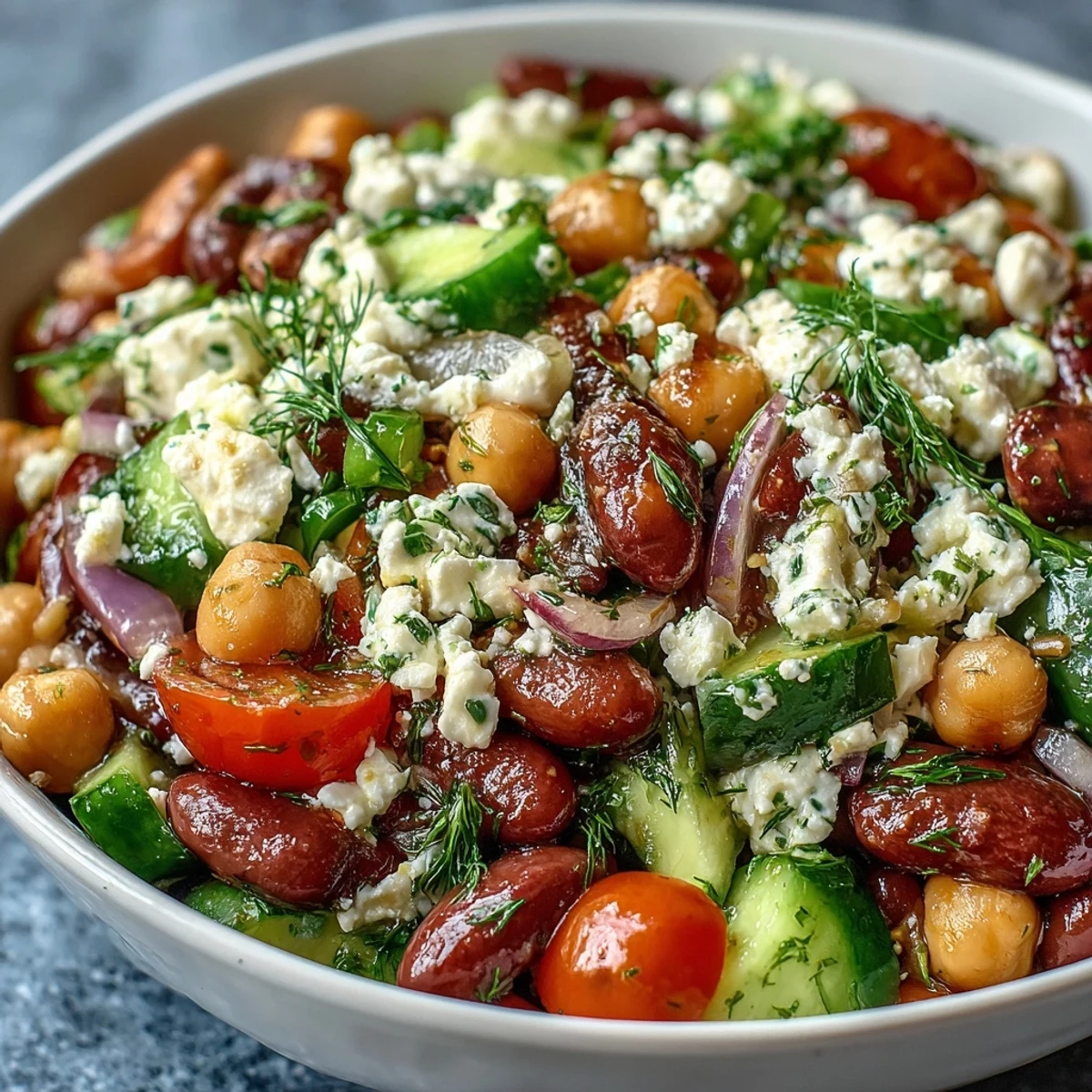 Freshly marinated Greek Bean Salad with lemon dressing, creamy feta, and bright cherry tomatoes on a rustic wooden table.