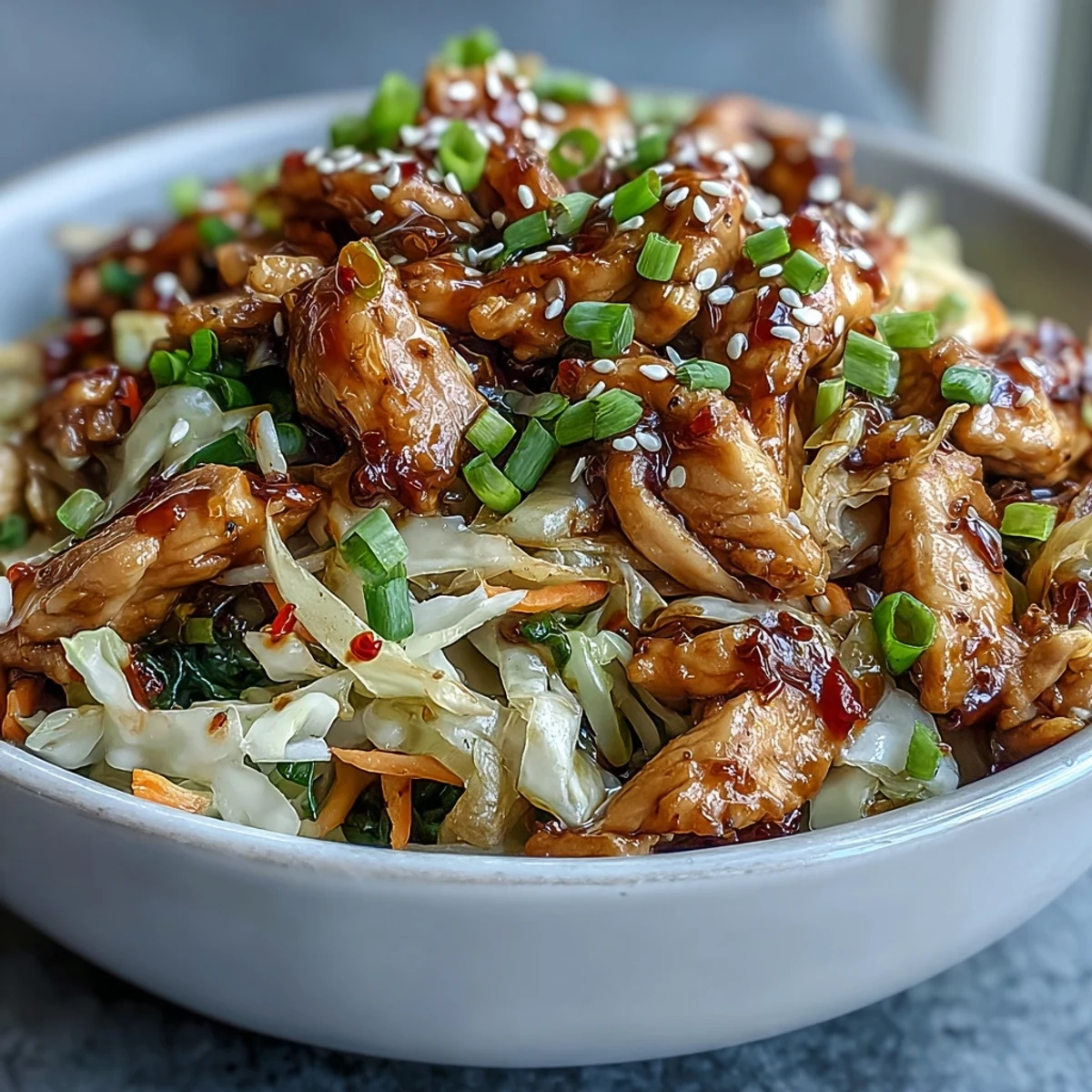 Skillet of Egg Roll Bowls with Chicken and Cabbage, topped with scallions and sesame seeds next to a bottle of Sriracha.
