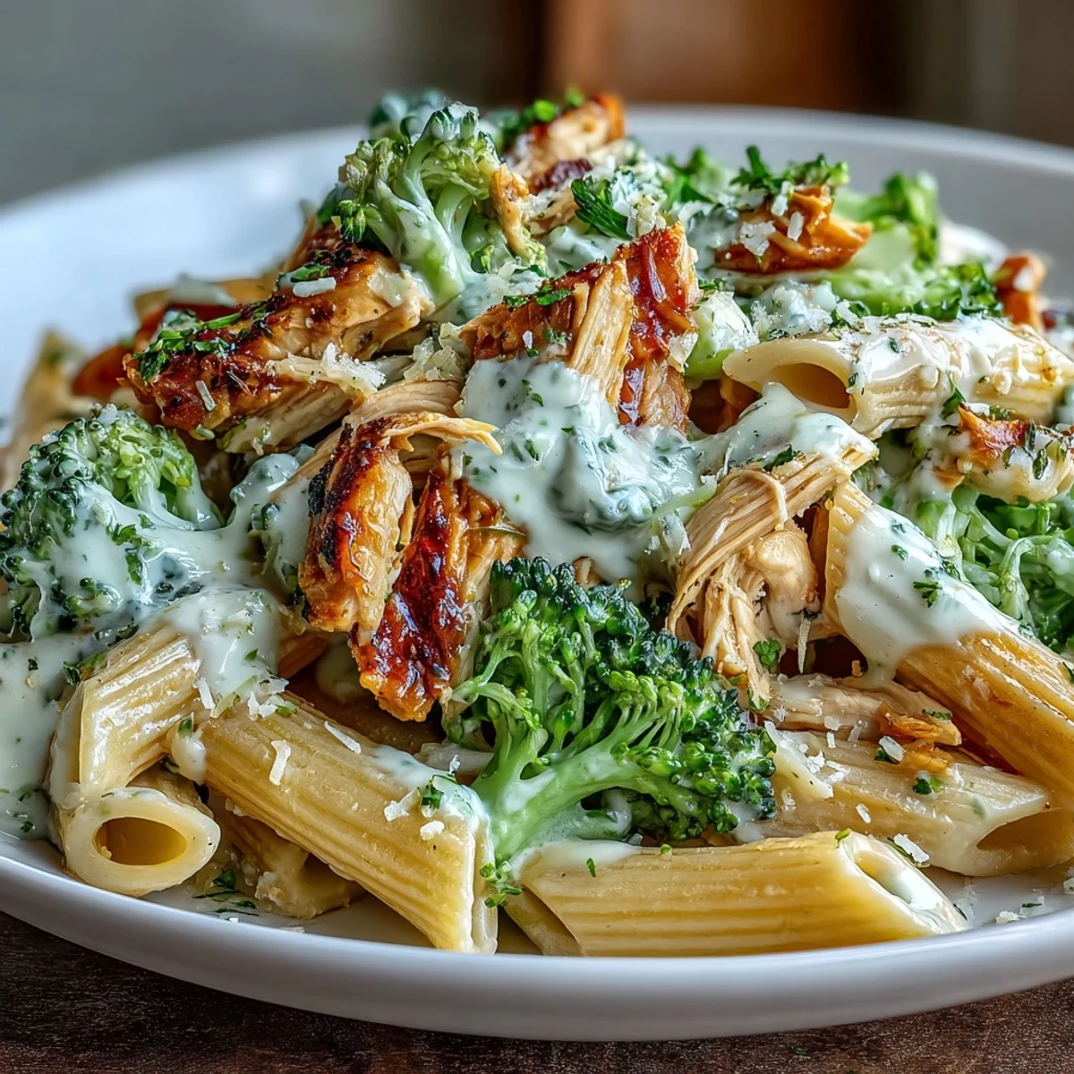 Tender rotisserie chicken and bright green broccoli florets tossed with whole-wheat penne in a rich Greek yogurt sauce.