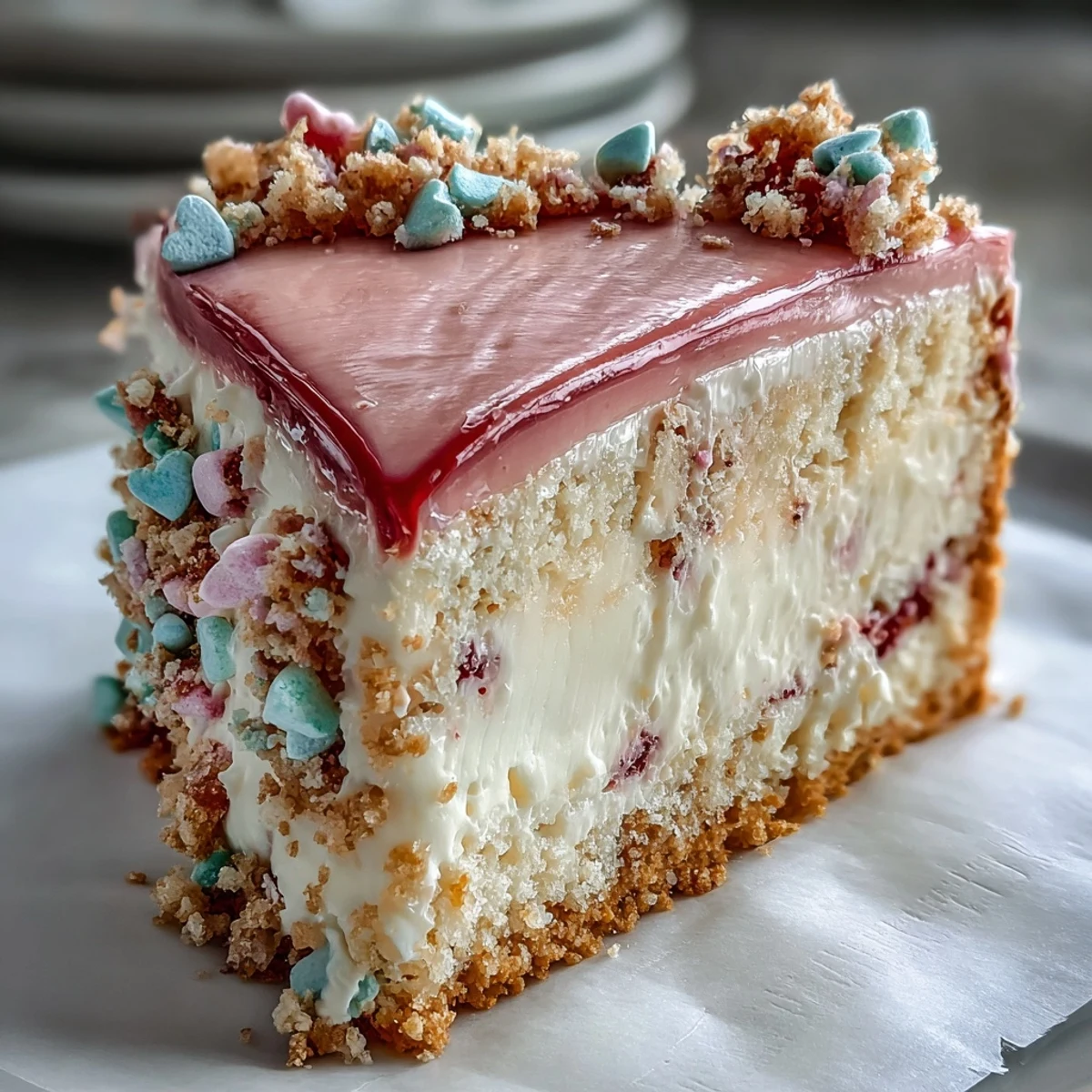 Springform pan reveals a creamy Candy Hearts Fake Cake with graham cracker crust and pastel hearts.