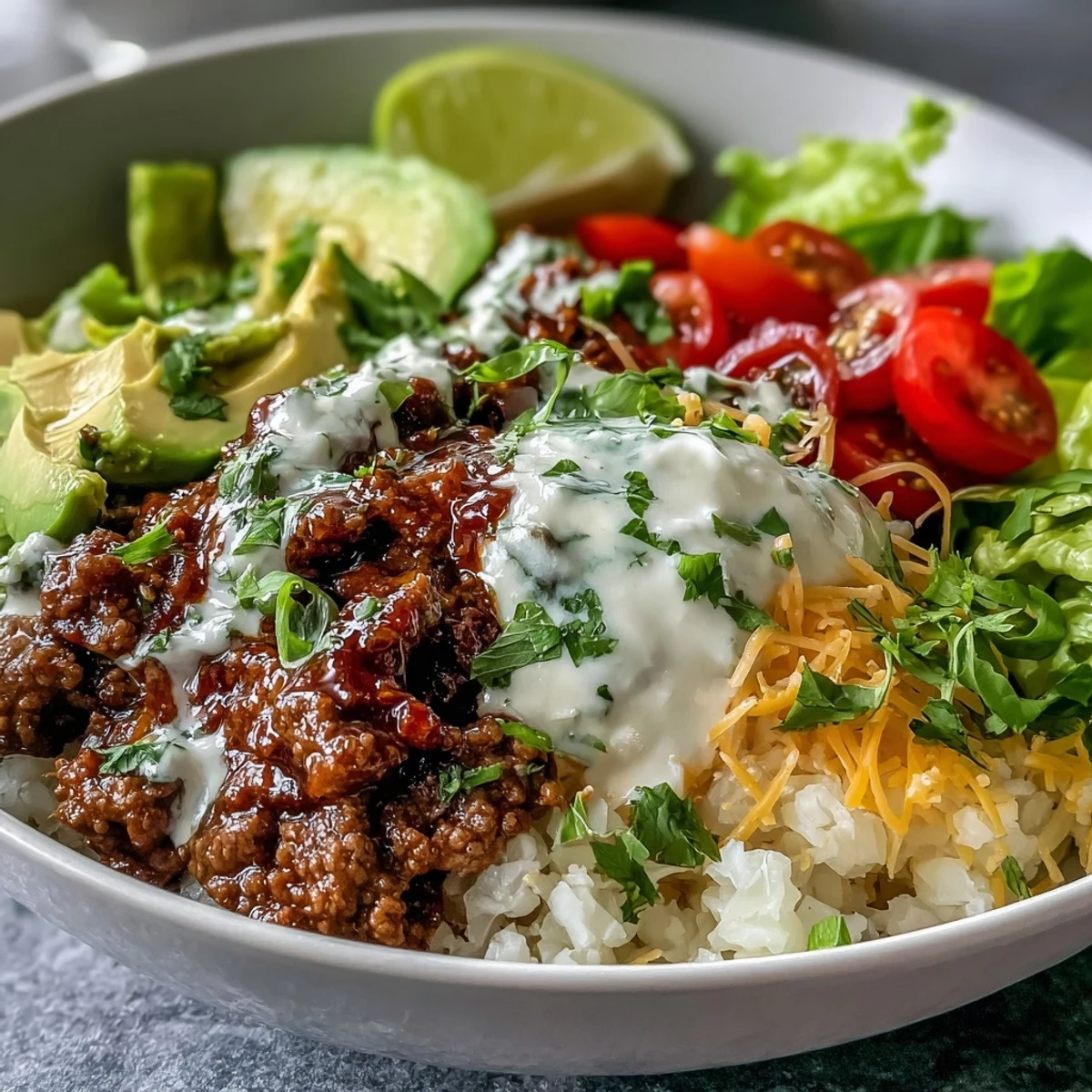 Seasoned ground beef and cauliflower rice fill a bowl with crisp lettuce, tomatoes, and avocado.