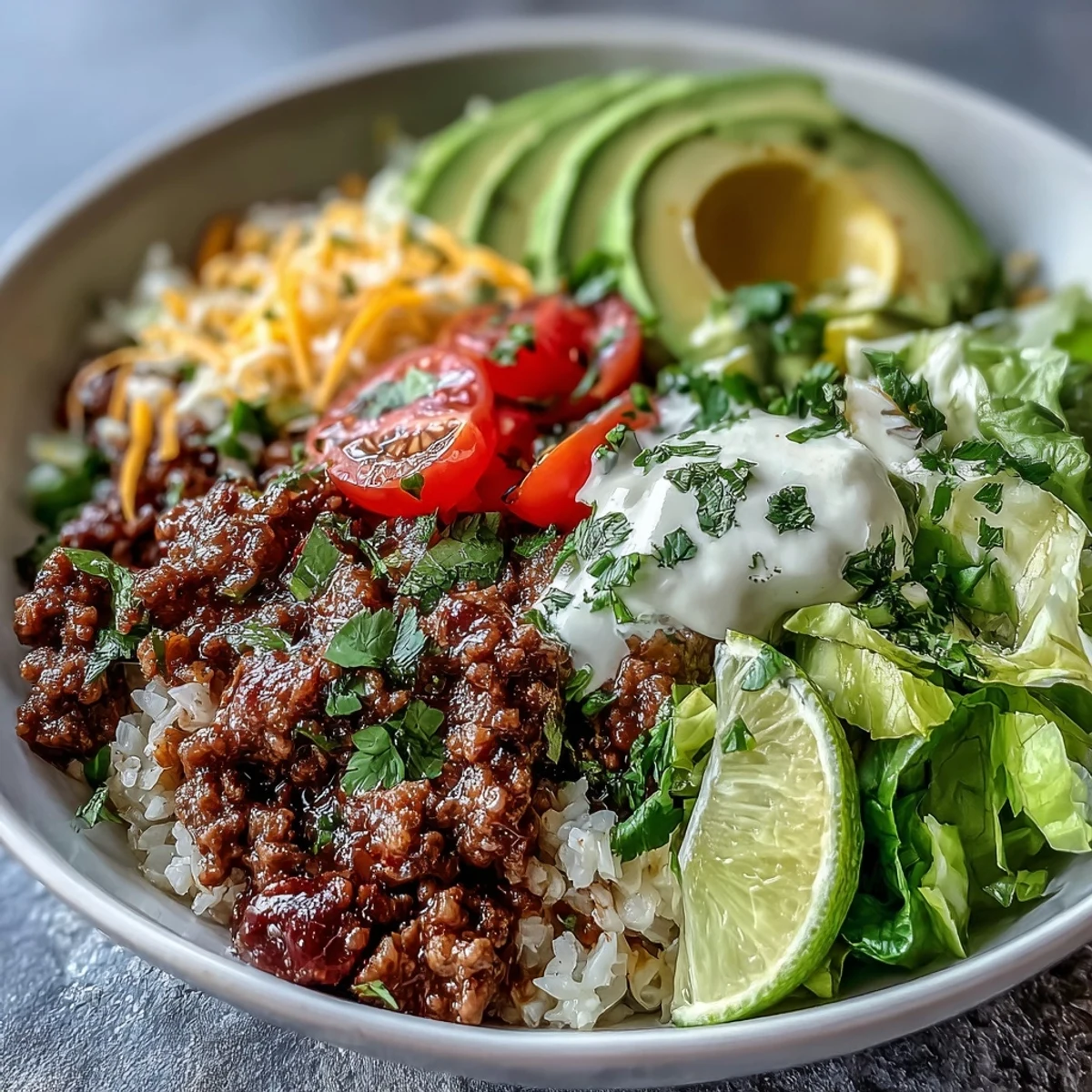 Fresh lime wedges and a dollop of sour cream garnish this Low Carb Burrito Bowl.