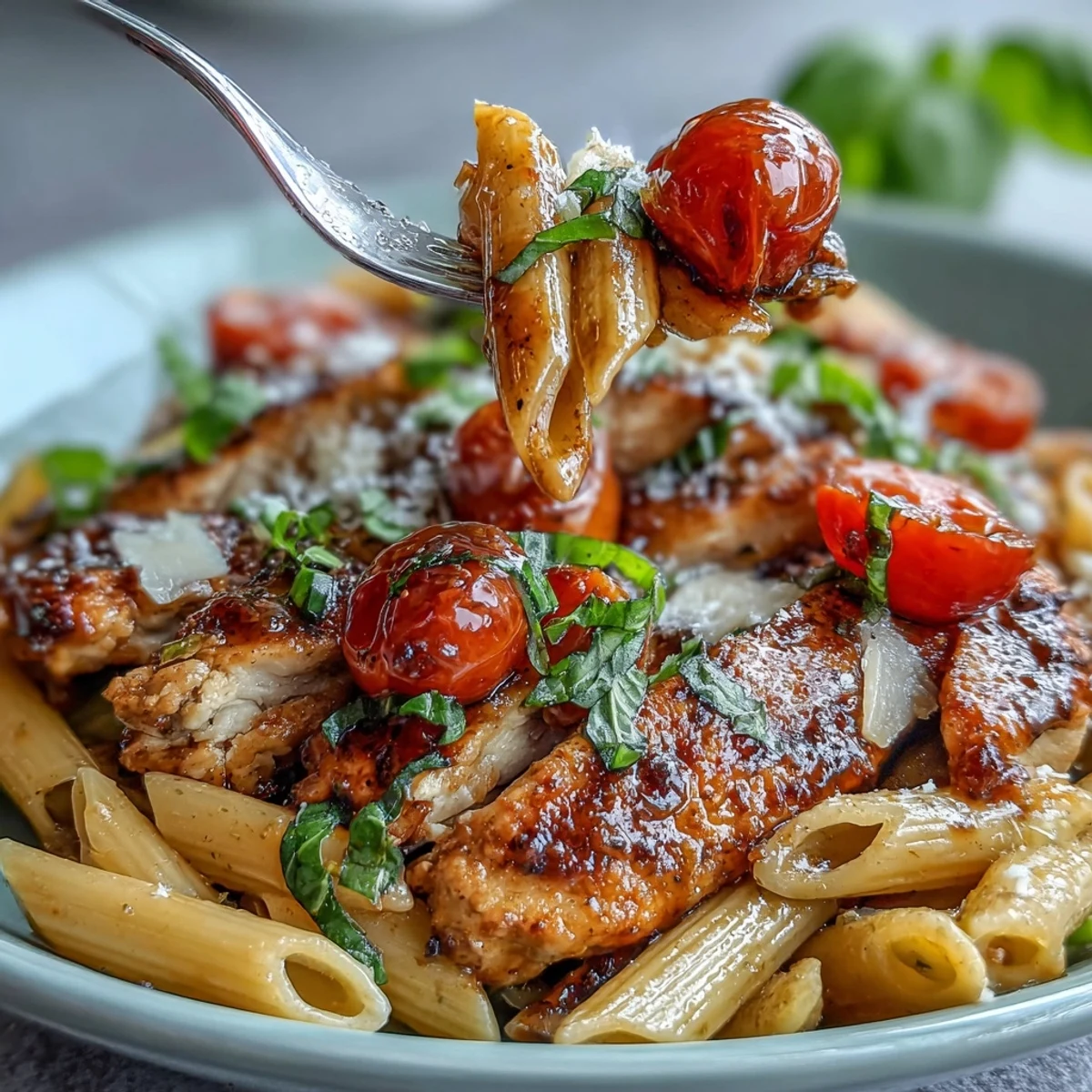 Sliced golden chicken and penne tossed with softened tomatoes, balsamic glaze, and melted mozzarella in a skillet of Bruschetta Chicken Pasta.